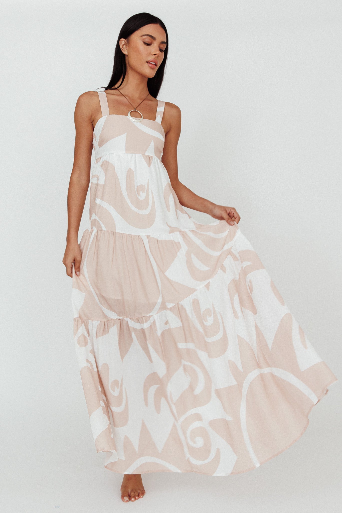 Indianna Square Neckline Maxi Dress Printed Sand/White by Selfie Leslie