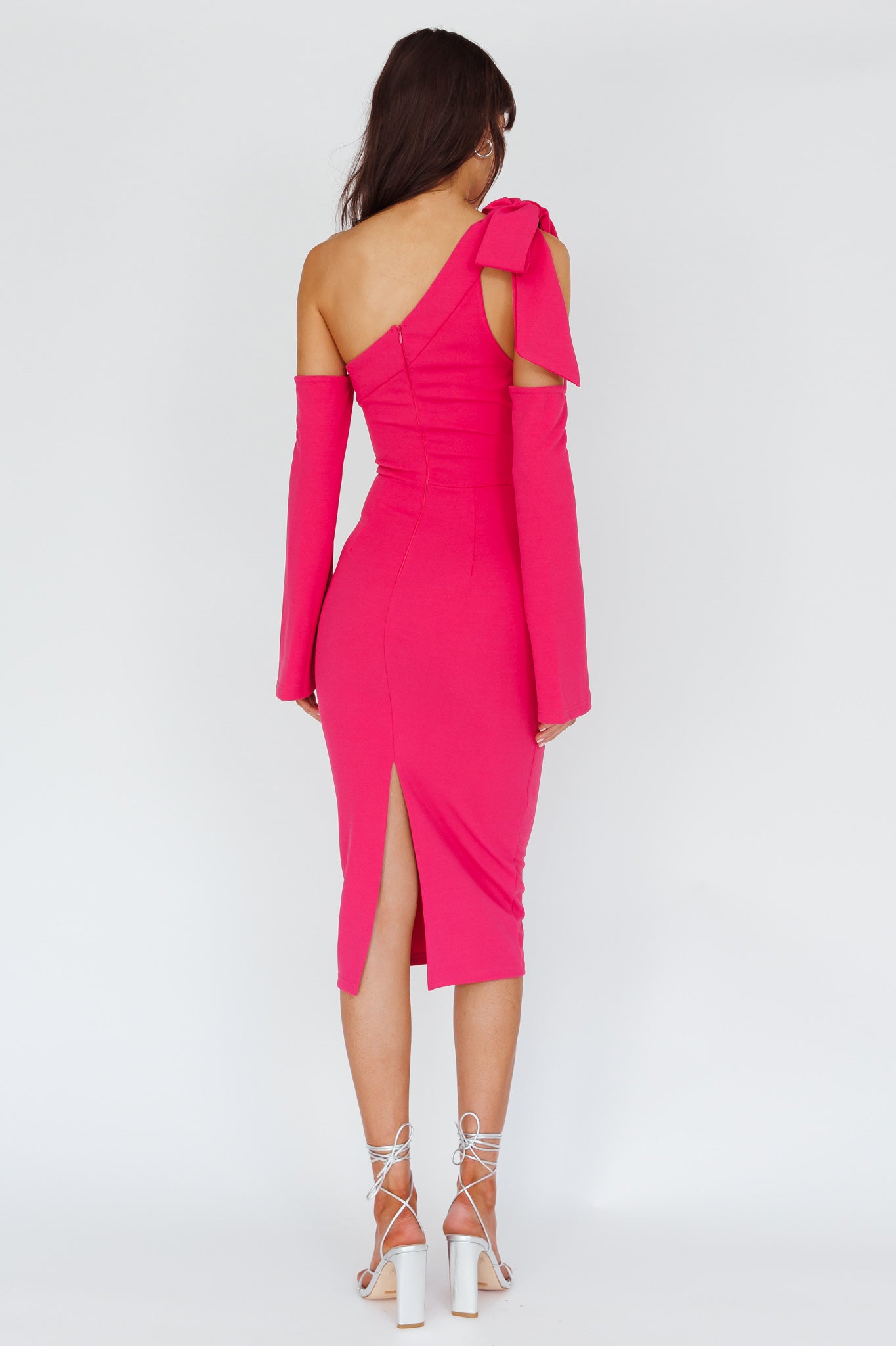 Rigel One-Shoulder Bow Midi Dress Dark Fuchsia by Selfie Leslie