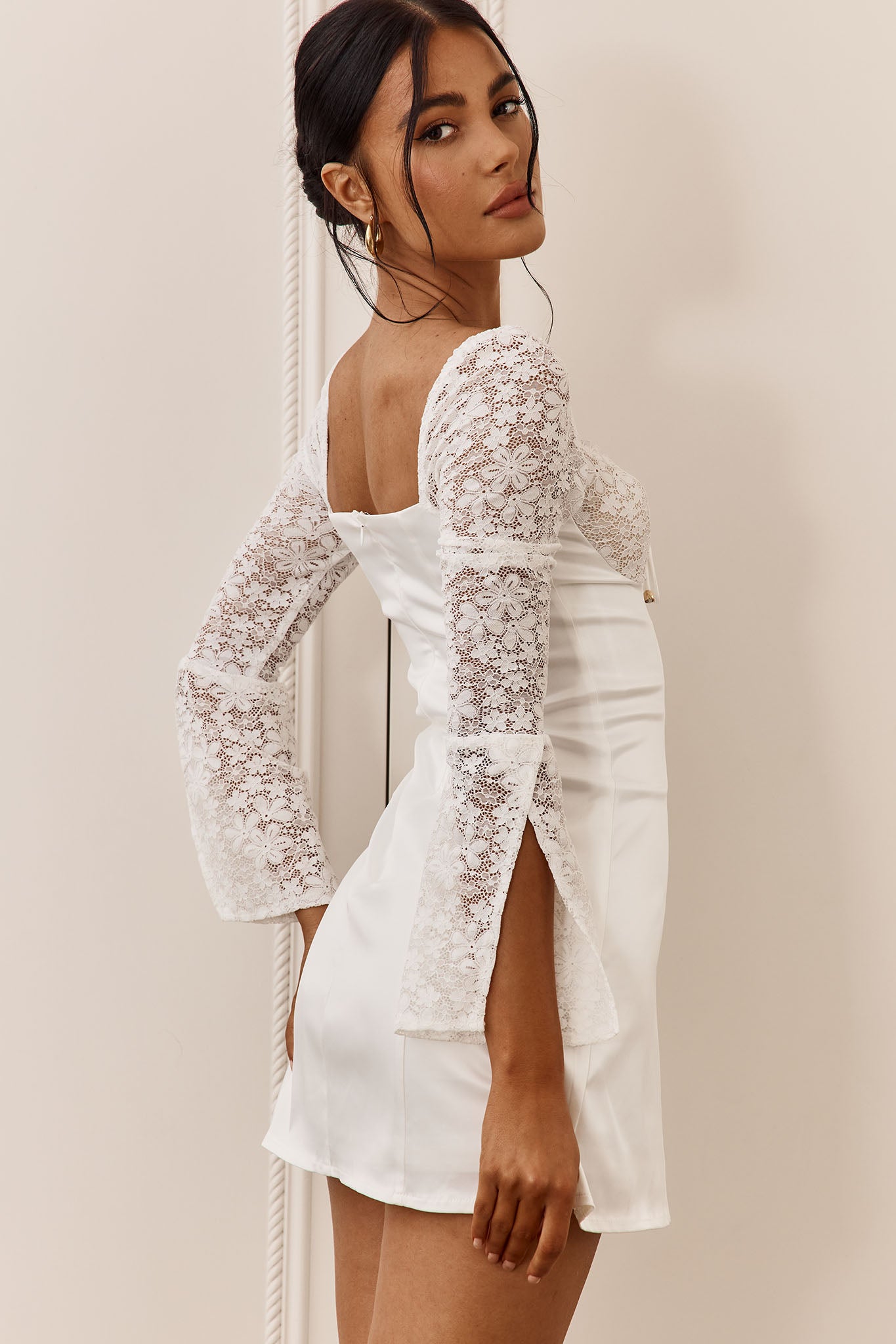 Shop the Ti Amo Lace Bust Long Sleeve Mini Dress White