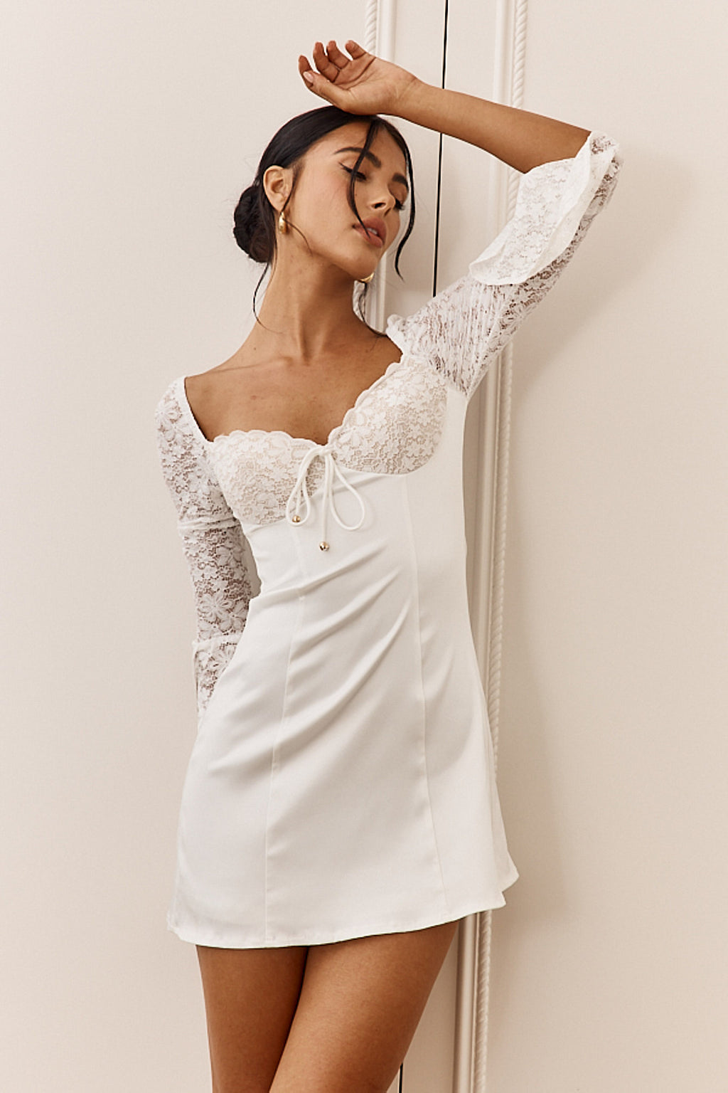 Ti Amo Lace Bust Long Sleeve Mini Dress White by Selfie Leslie