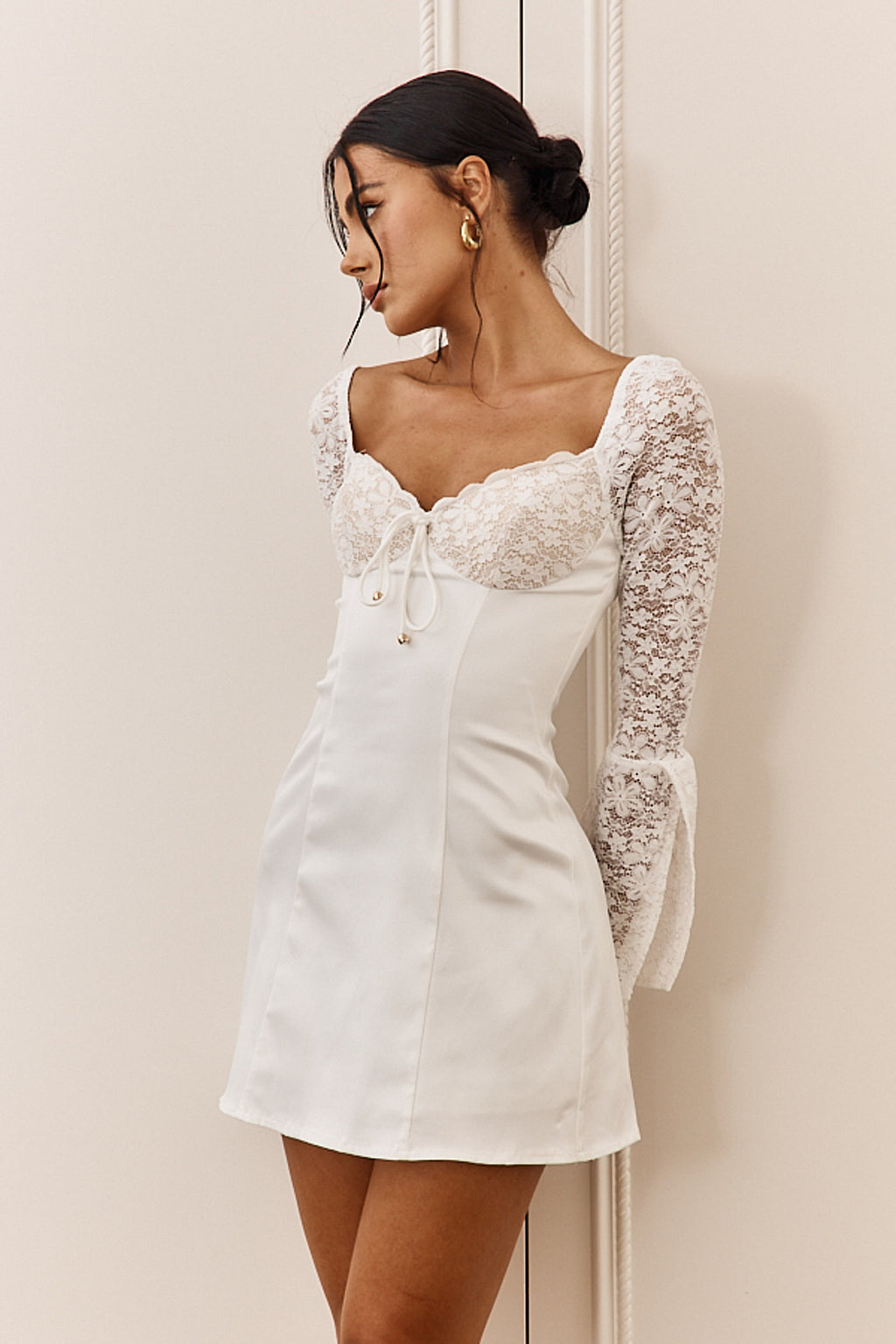 Ti Amo Lace Bust Long Sleeve Mini Dress White by Selfie Leslie