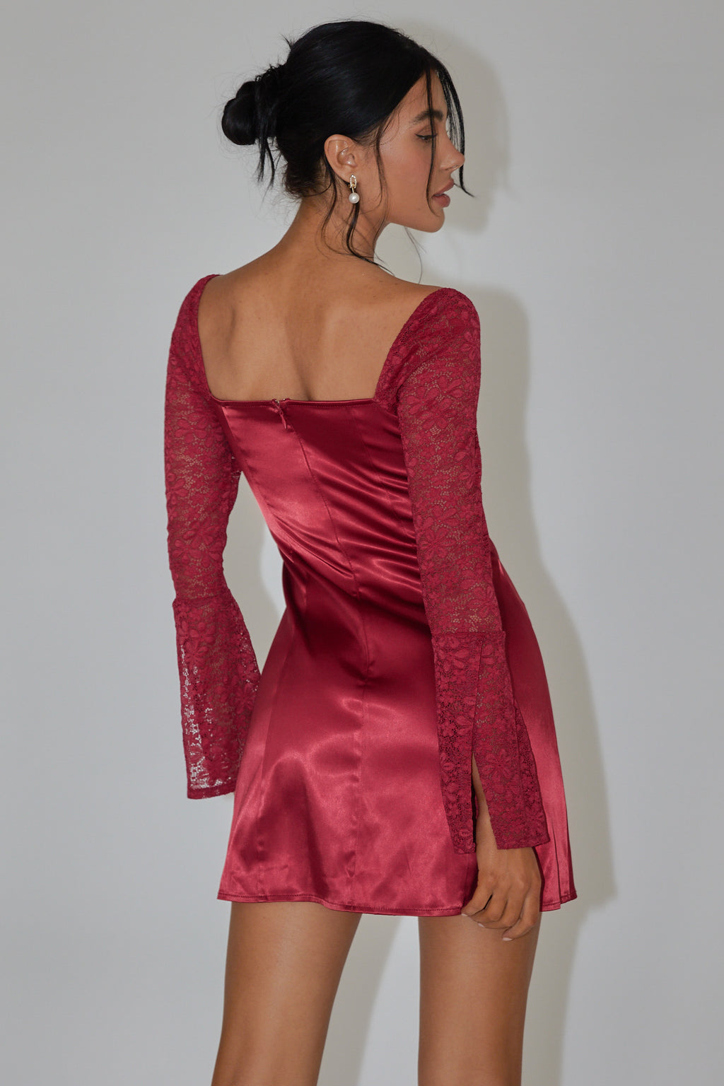 Ti Amo Lace Bust Long Sleeve Mini Dress Wine by Selfie Leslie