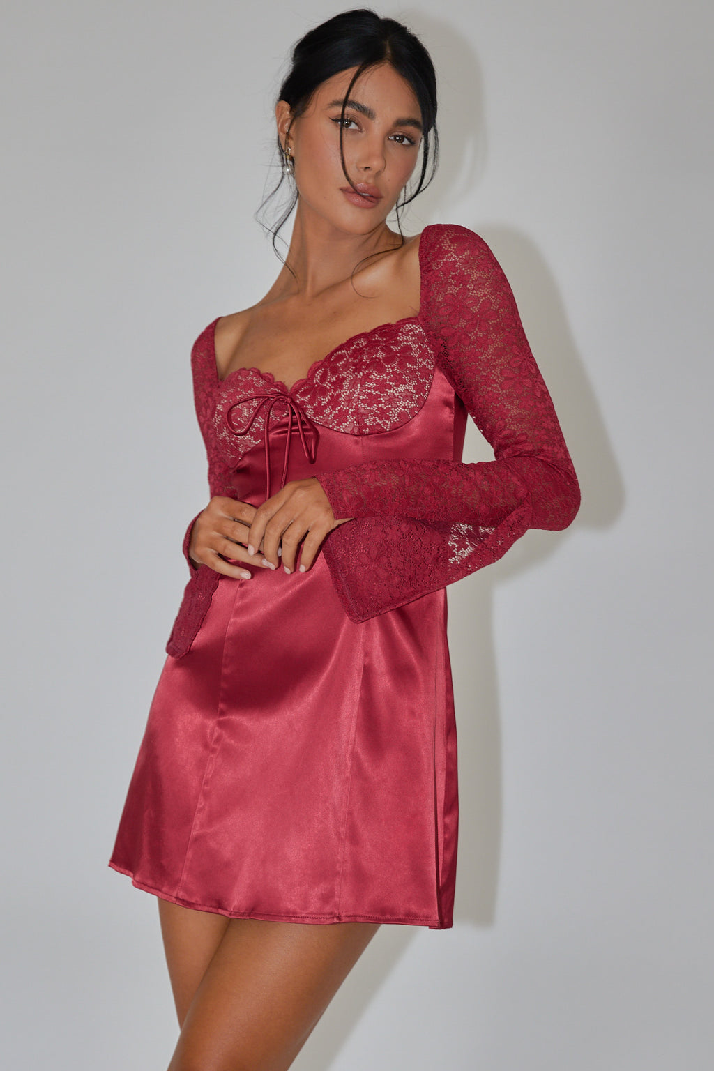 Ti Amo Lace Bust Long Sleeve Mini Dress Wine by Selfie Leslie