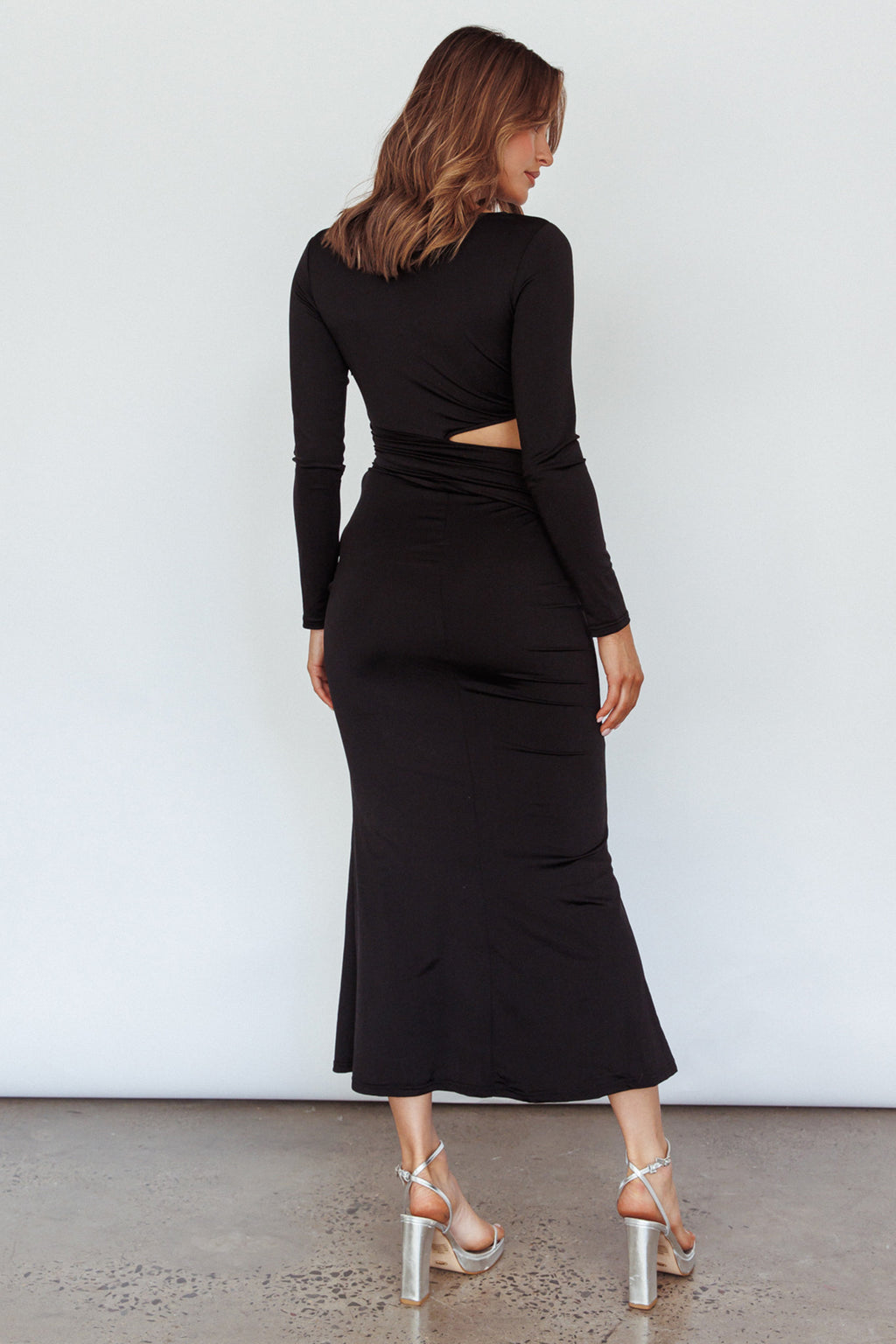 Rajah Long Sleeve Cut-Out Midi Dress Black by Selfie Leslie