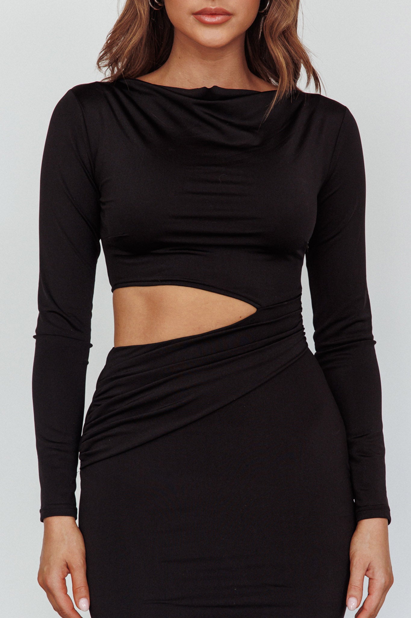 Rajah Long Sleeve Cut-Out Midi Dress Black by Selfie Leslie