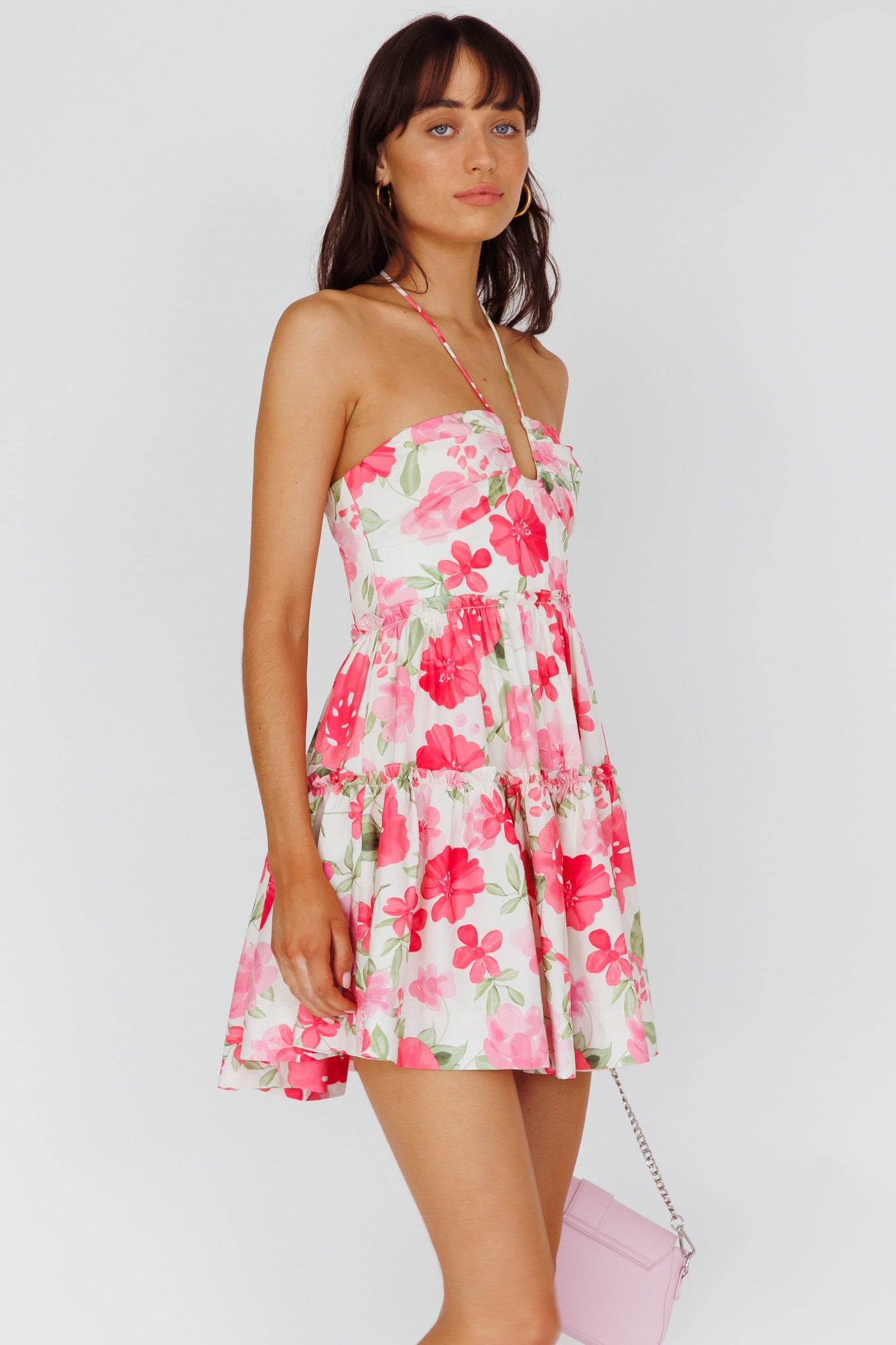 Horizons Frill Trim Mini Dress Floral Pink by Selfie Leslie