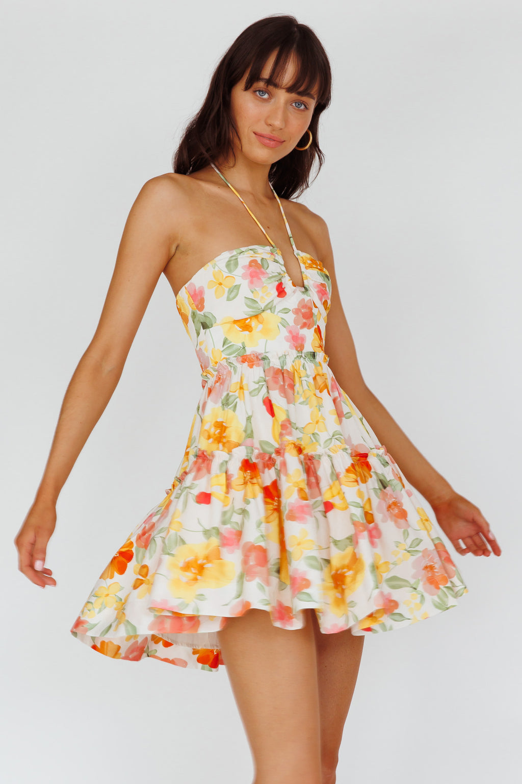 Horizons Frill Trim Mini Dress Floral Yellow by Selfie Leslie
