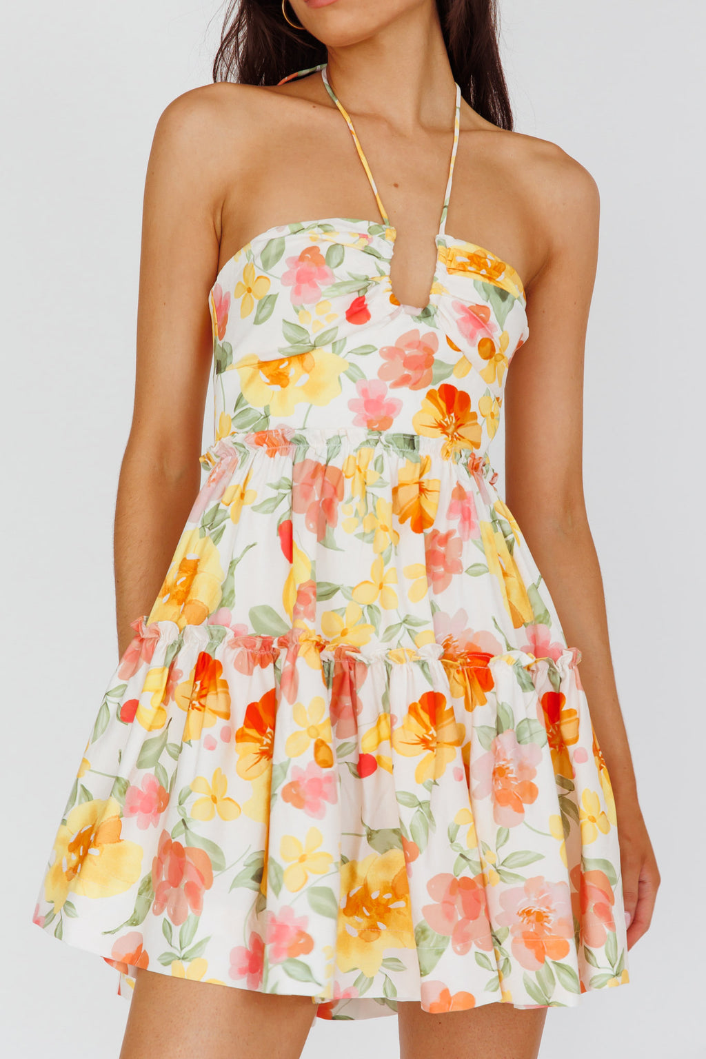 Horizons Frill Trim Mini Dress Floral Yellow by Selfie Leslie