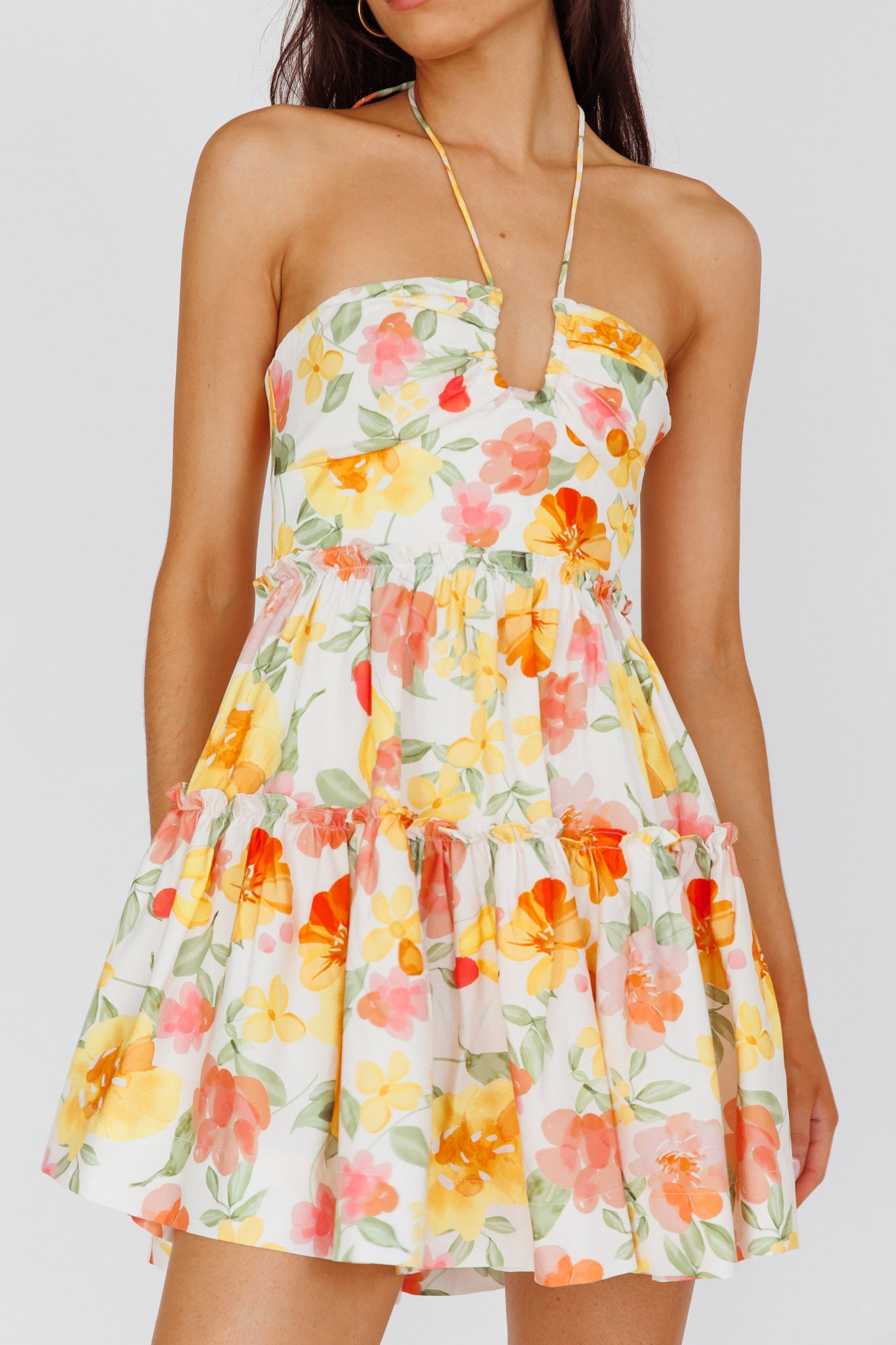 Horizons Frill Trim Mini Dress Floral Yellow by Selfie Leslie