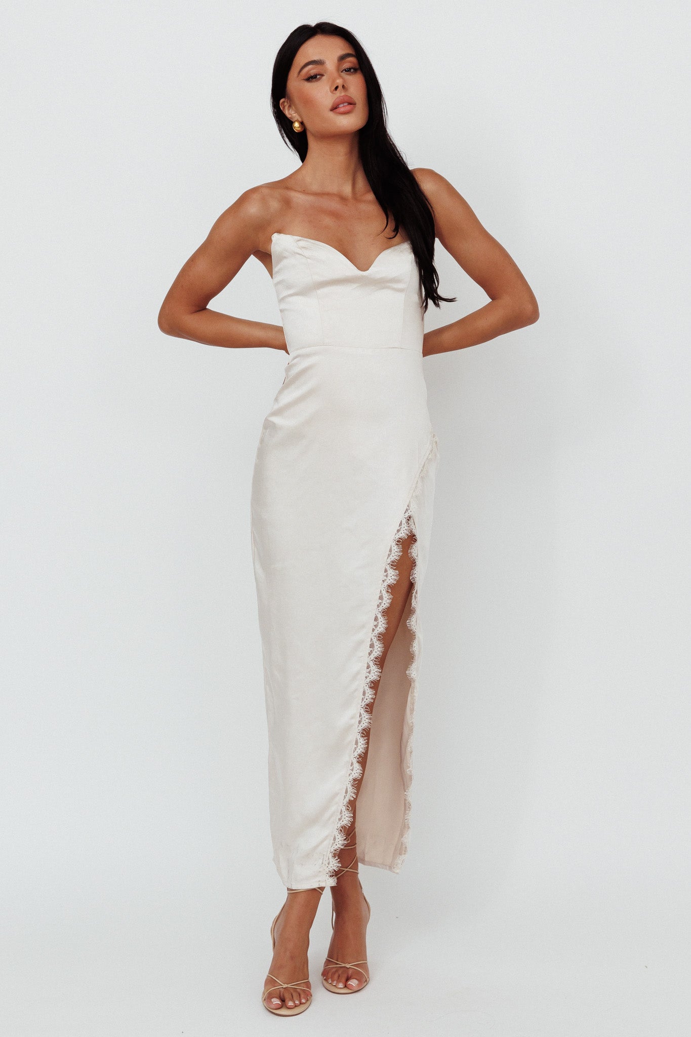 Winter Moon Strapless Lace Trim Midi Dress Champagne - L Winter Moon Strapless Lace Trim Midi Dress Champagne - L
