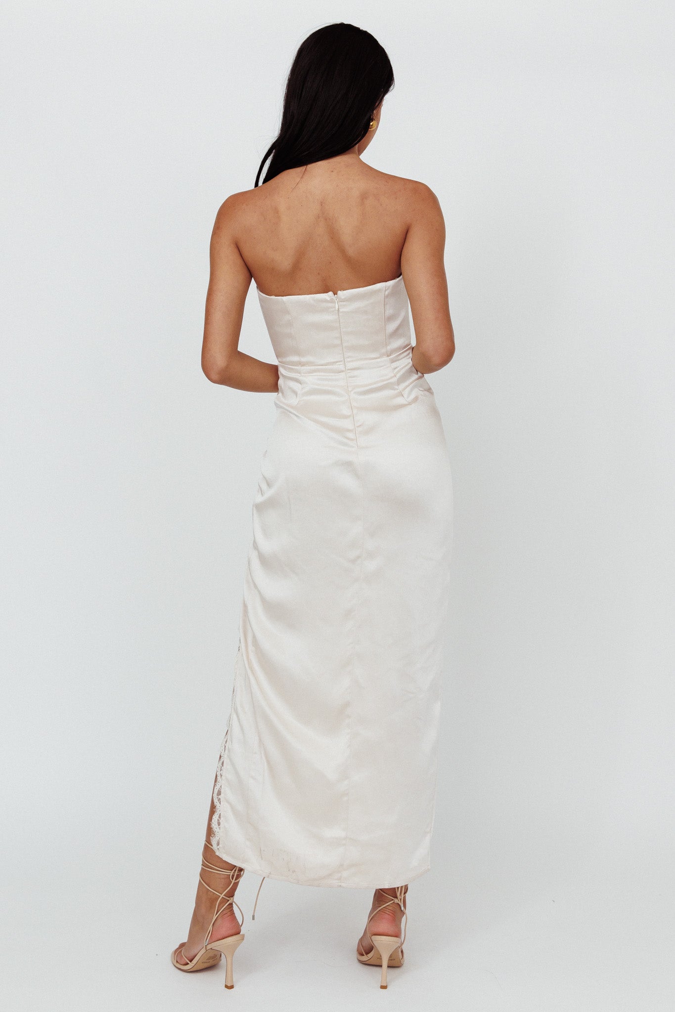 Winter Moon Strapless Lace Trim Midi Dress Champagne - L Winter Moon Strapless Lace Trim Midi Dress Champagne - L