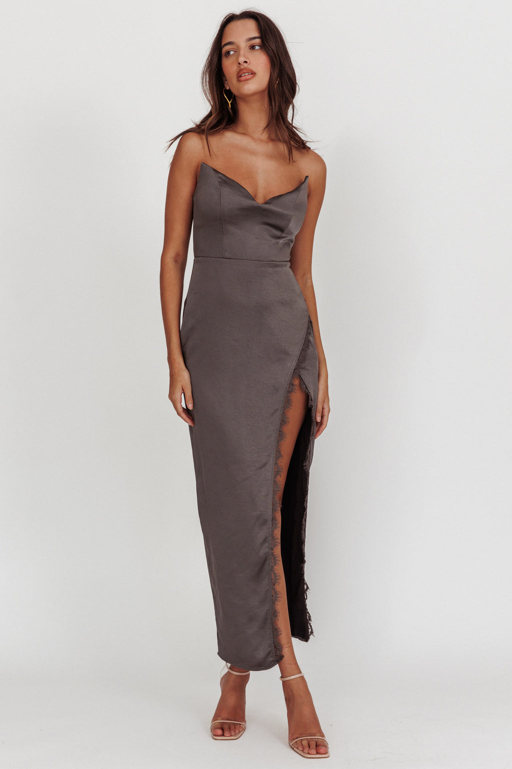 Winter Moon Strapless Lace Trim Midi Dress Charcoal by Selfie Leslie