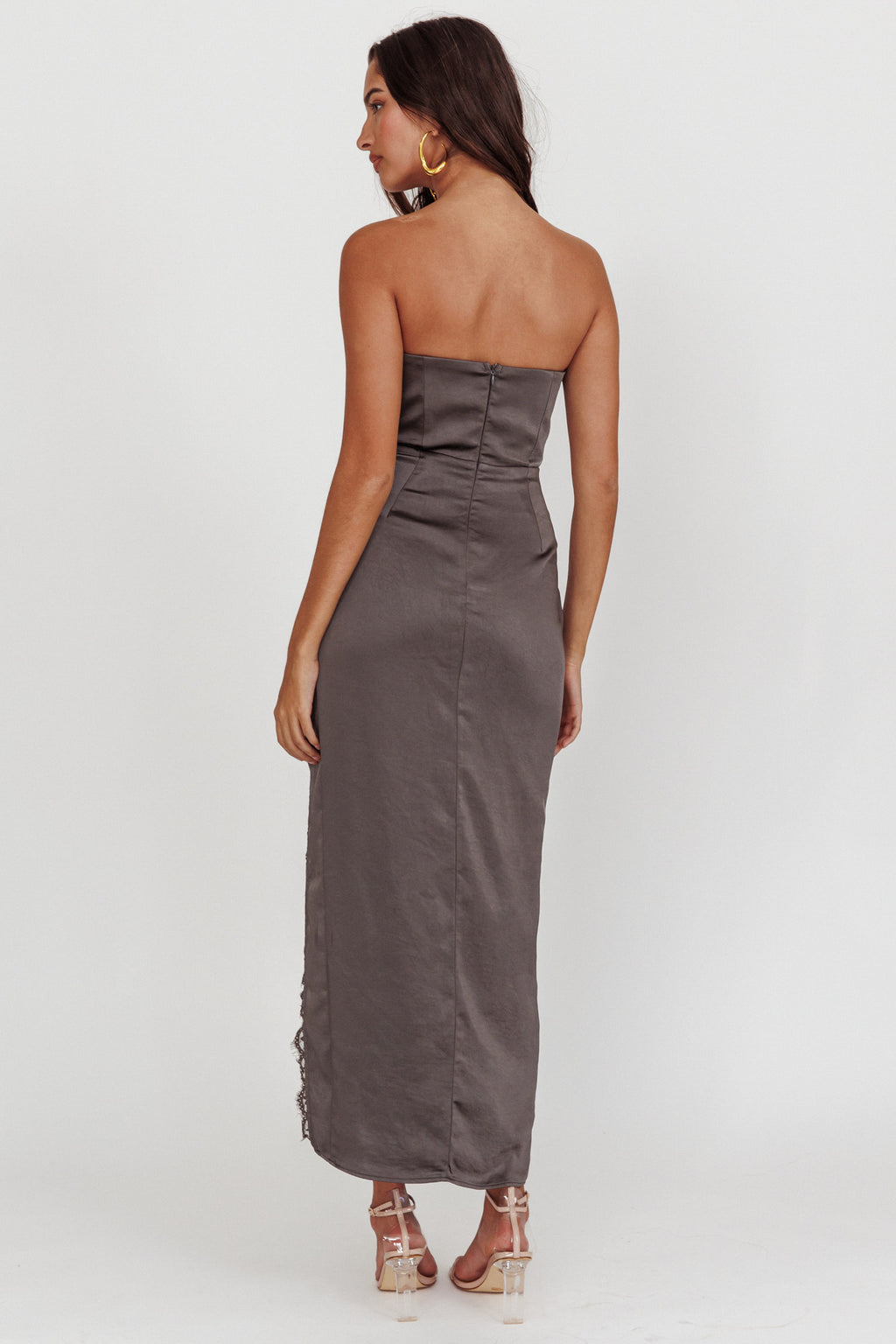 Winter Moon Strapless Lace Trim Midi Dress Charcoal by Selfie Leslie