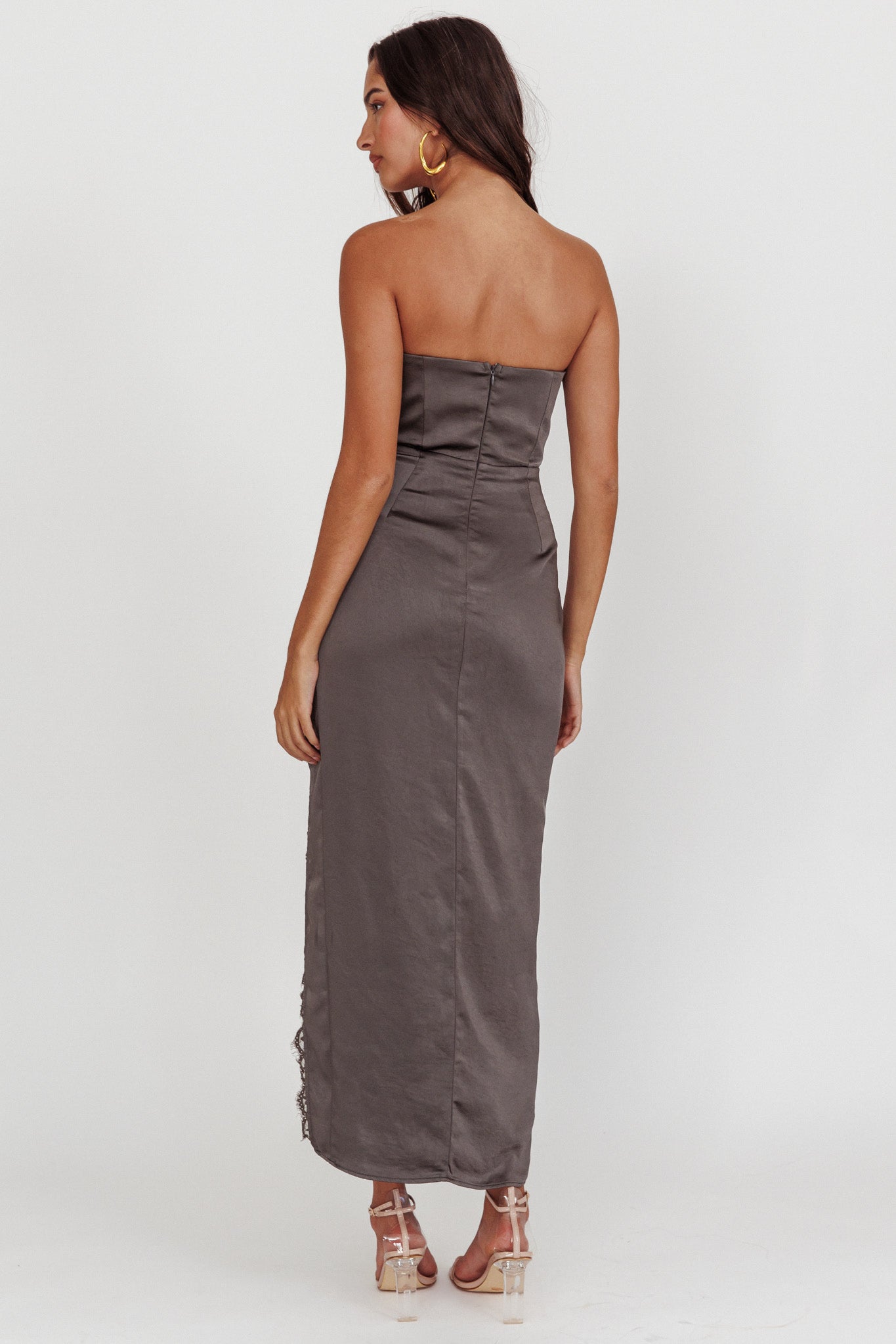 Winter Moon Strapless Lace Trim Midi Dress Charcoal by Selfie Leslie