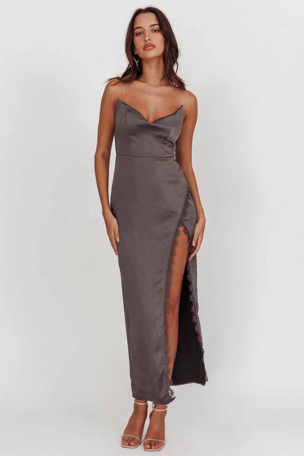 Winter Moon Strapless Lace Trim Midi Dress Charcoal - L Winter Moon Strapless Lace Trim Midi Dress Charcoal - L