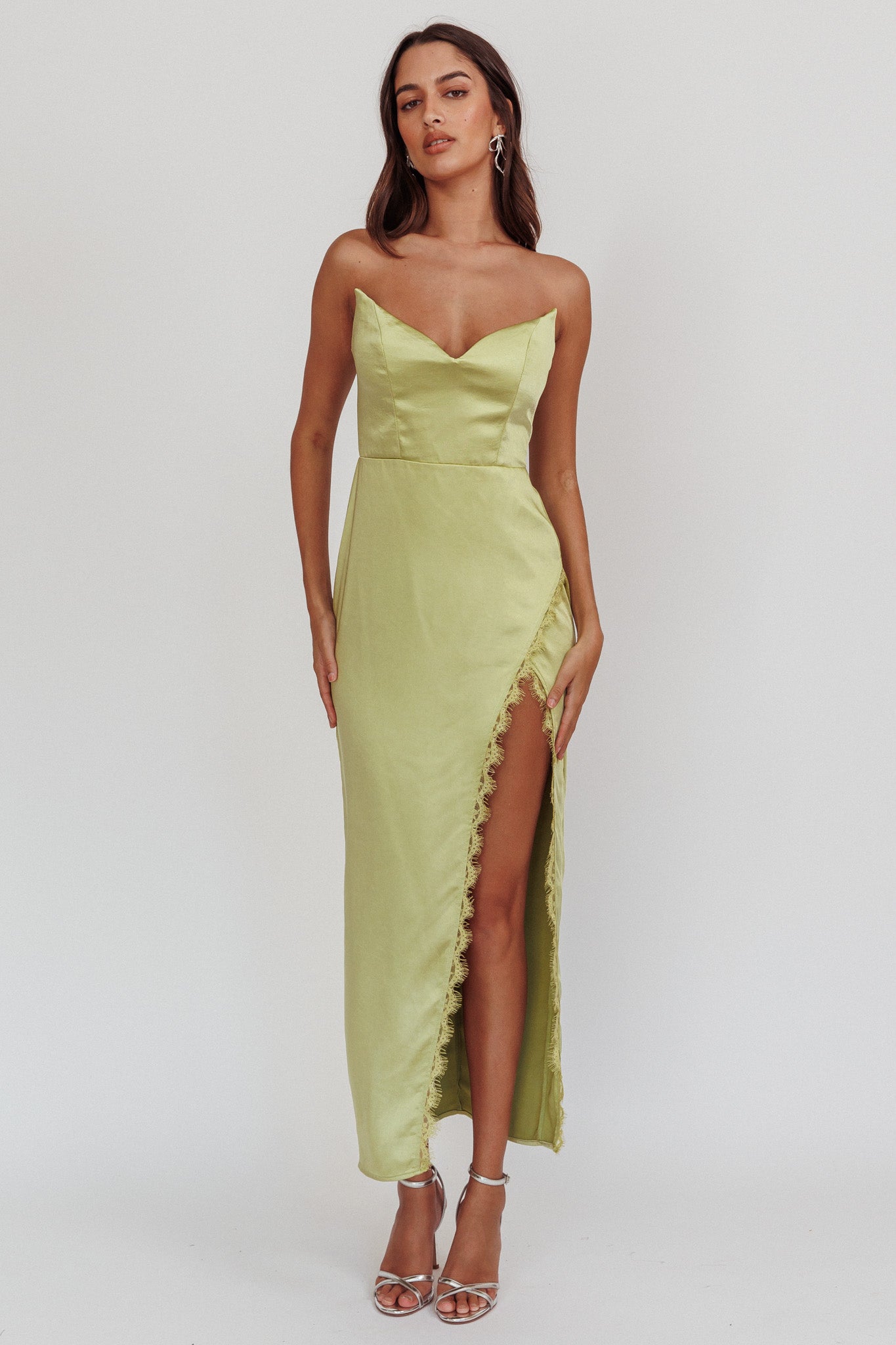 green dress winter Winter Moon Strapless Lace Trim Midi Dress Sage