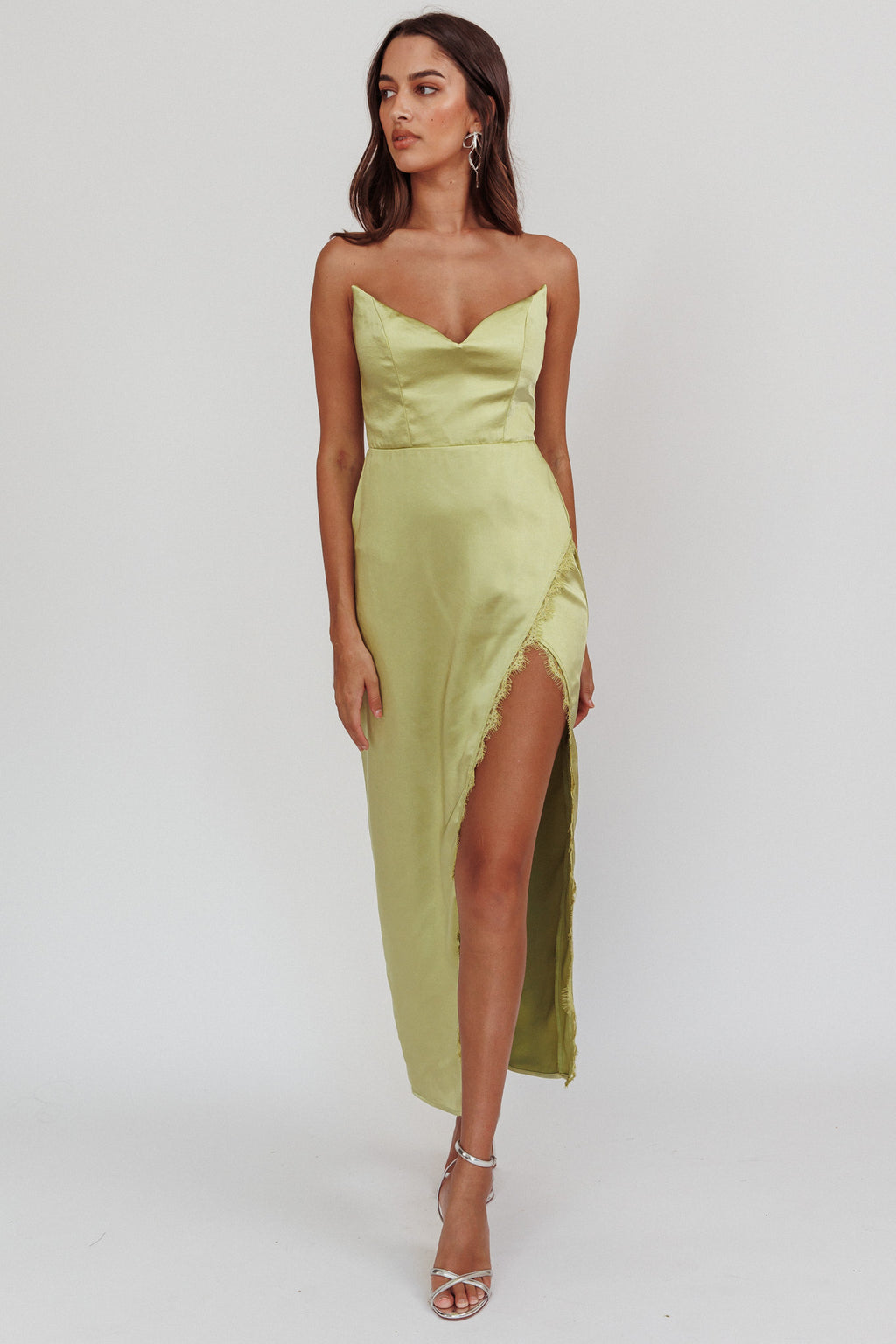 Winter Moon Strapless Lace Trim Midi Dress Sage by Selfie Leslie