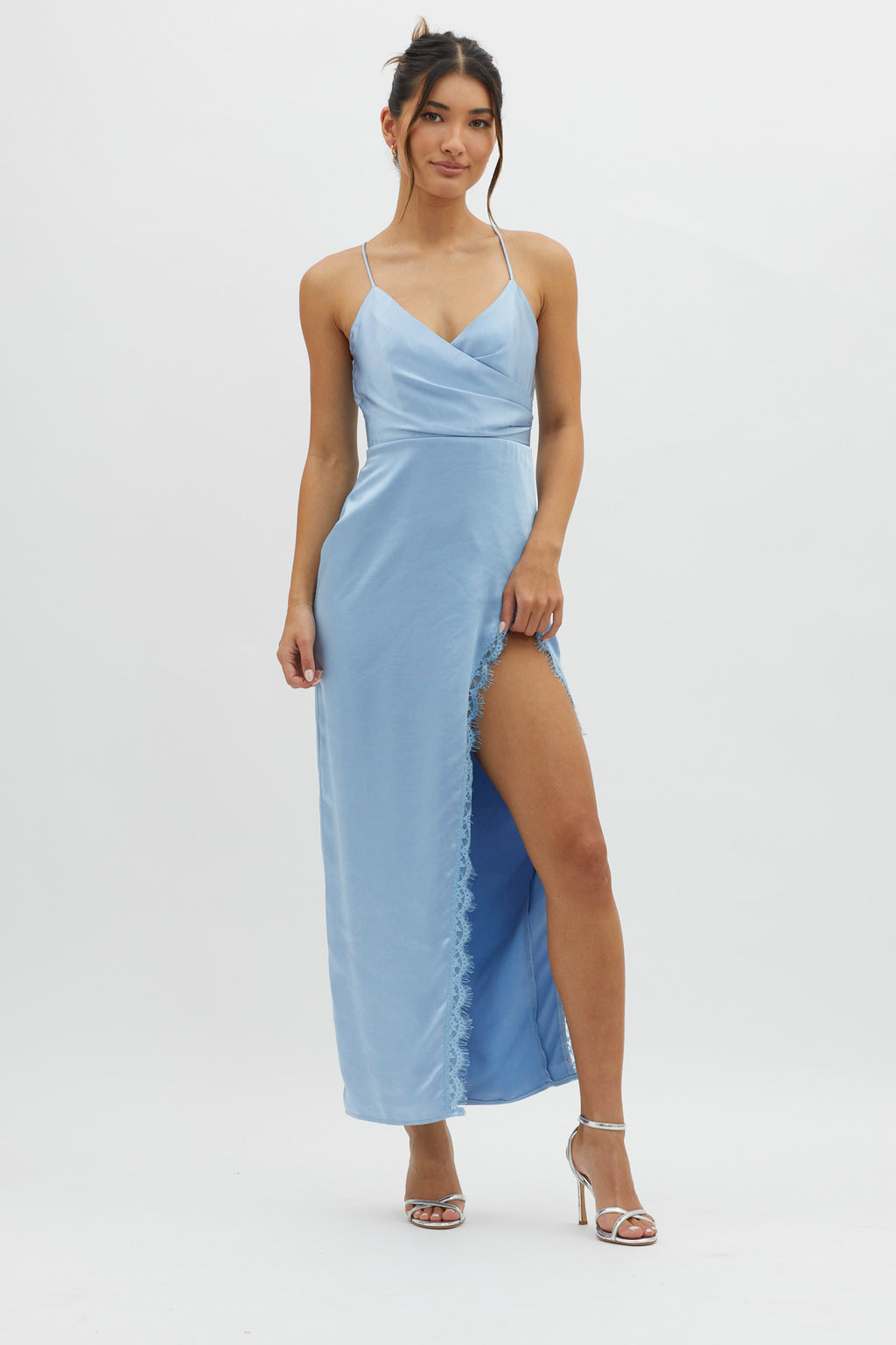 Winter Moon Lace Trim Midi Dress Blue by Selfie Leslie