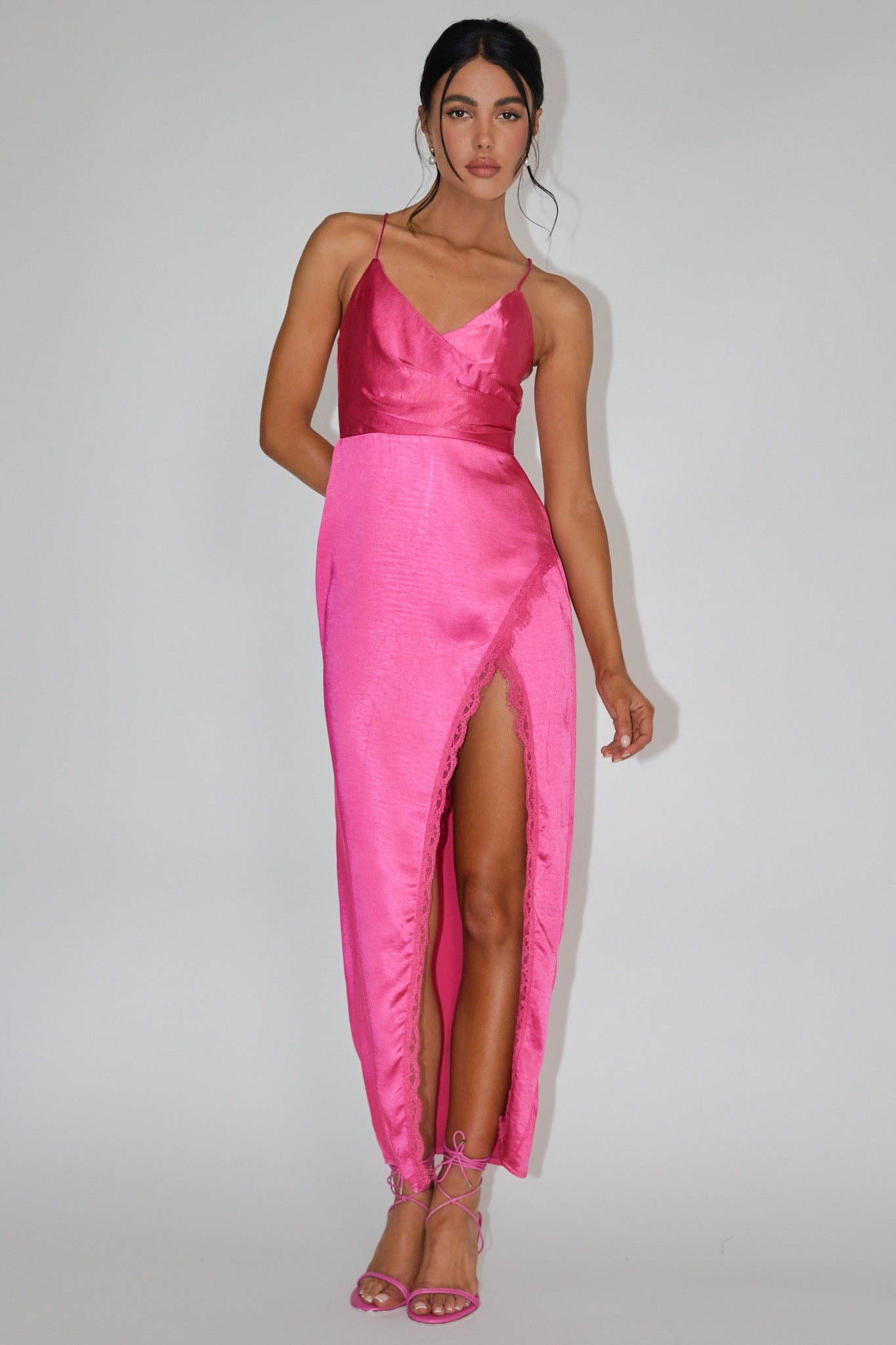 Winter Moon Lace Trim Midi Dress Hot Pink by Selfie Leslie