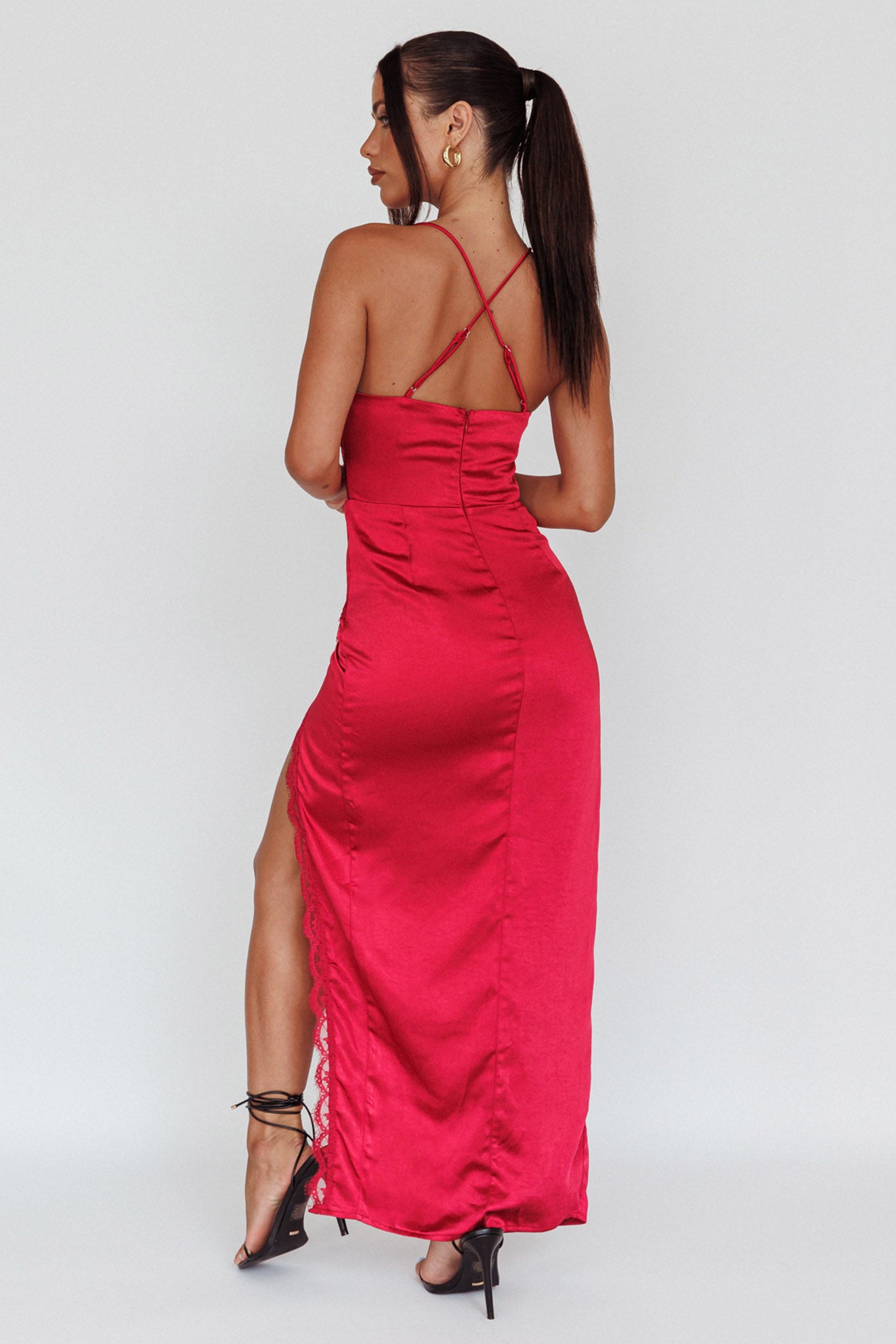 Winter Moon Lace Trim Midi Dress Wine by Selfie Leslie