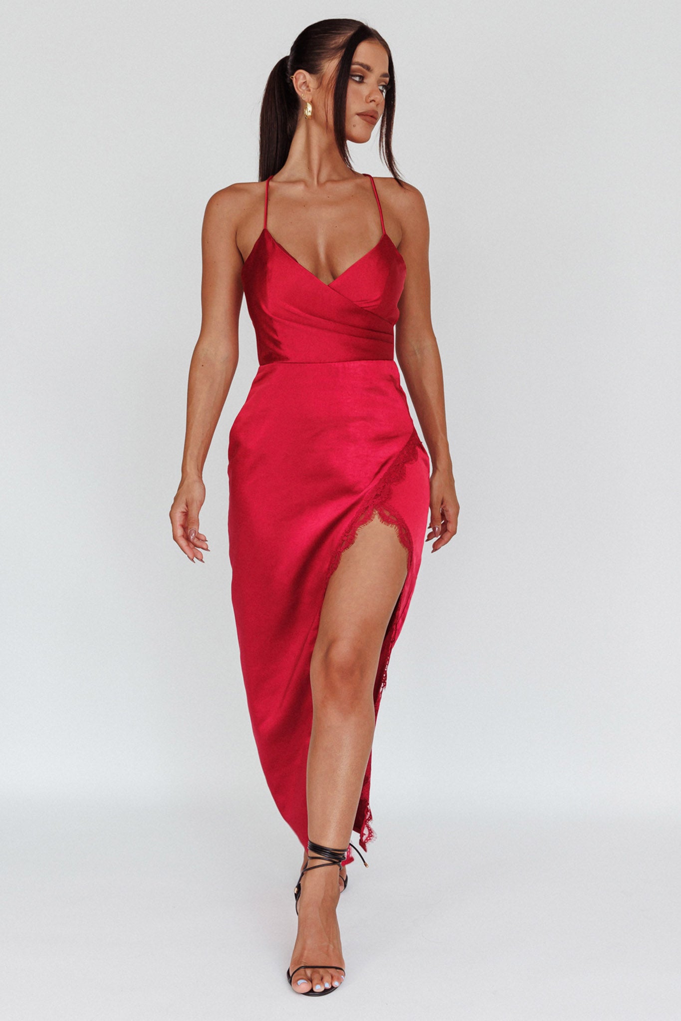 Winter Moon Lace Trim Midi Dress Wine by Selfie Leslie