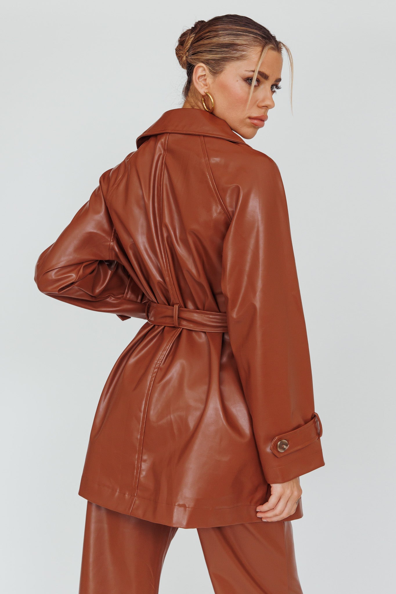 Noa Faux Leather Belted Jacket Terracotta by Selfie Leslie