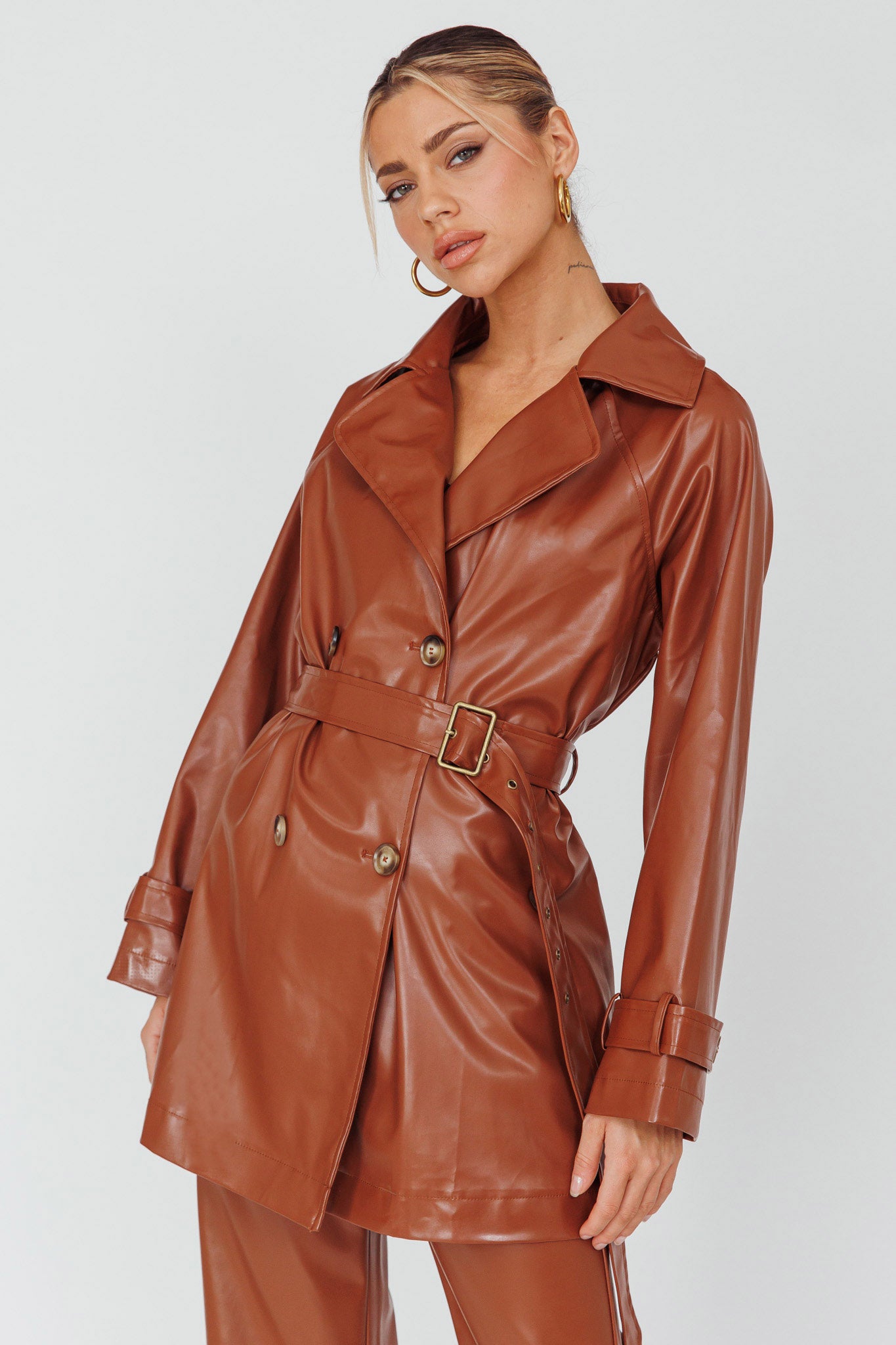 Noa Faux Leather Belted Jacket Terracotta by Selfie Leslie