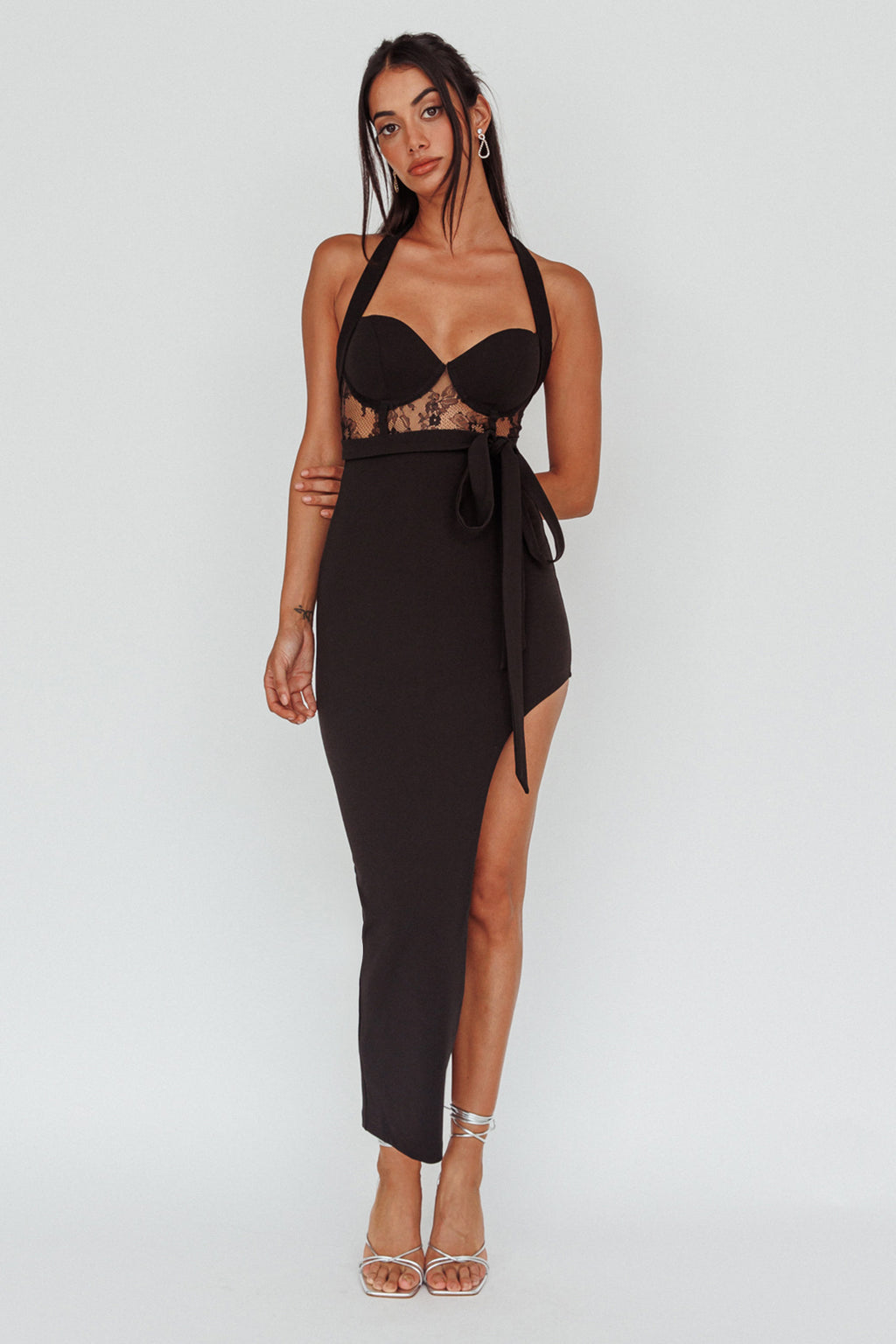 Jonetta Lace Insert Halterneck Midi Dress Black by Selfie Leslie