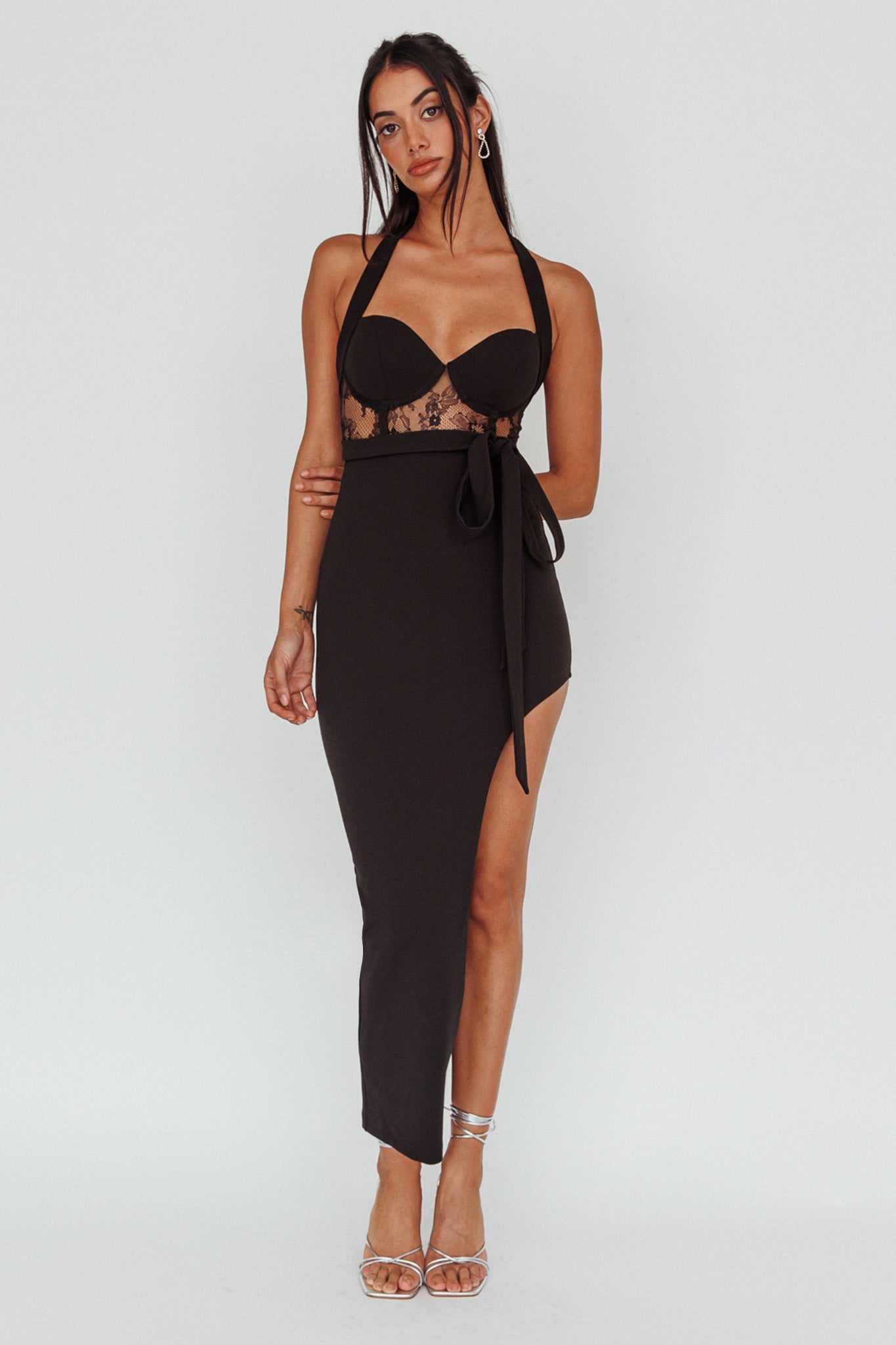 Jonetta Lace Insert Halterneck Midi Dress Black by Selfie Leslie