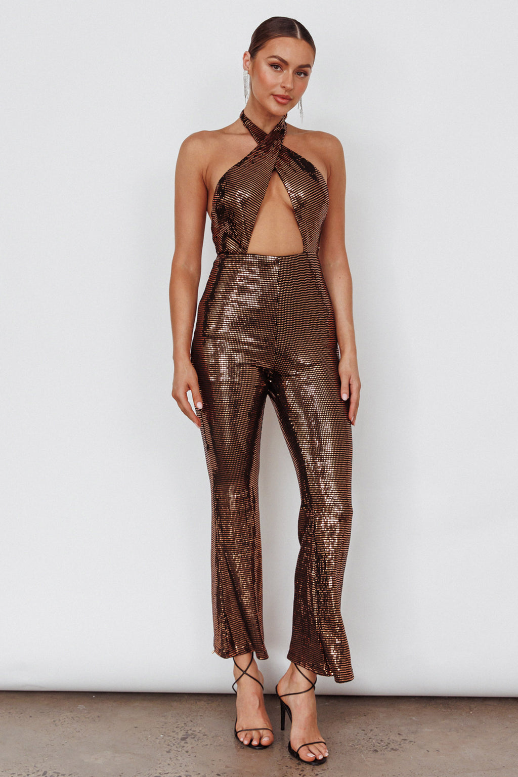 Moon In Leo Halterneck Jumpsuit Bronze by Selfie Leslie