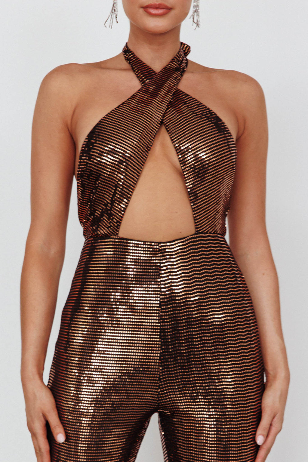 Moon In Leo Halterneck Jumpsuit Bronze by Selfie Leslie