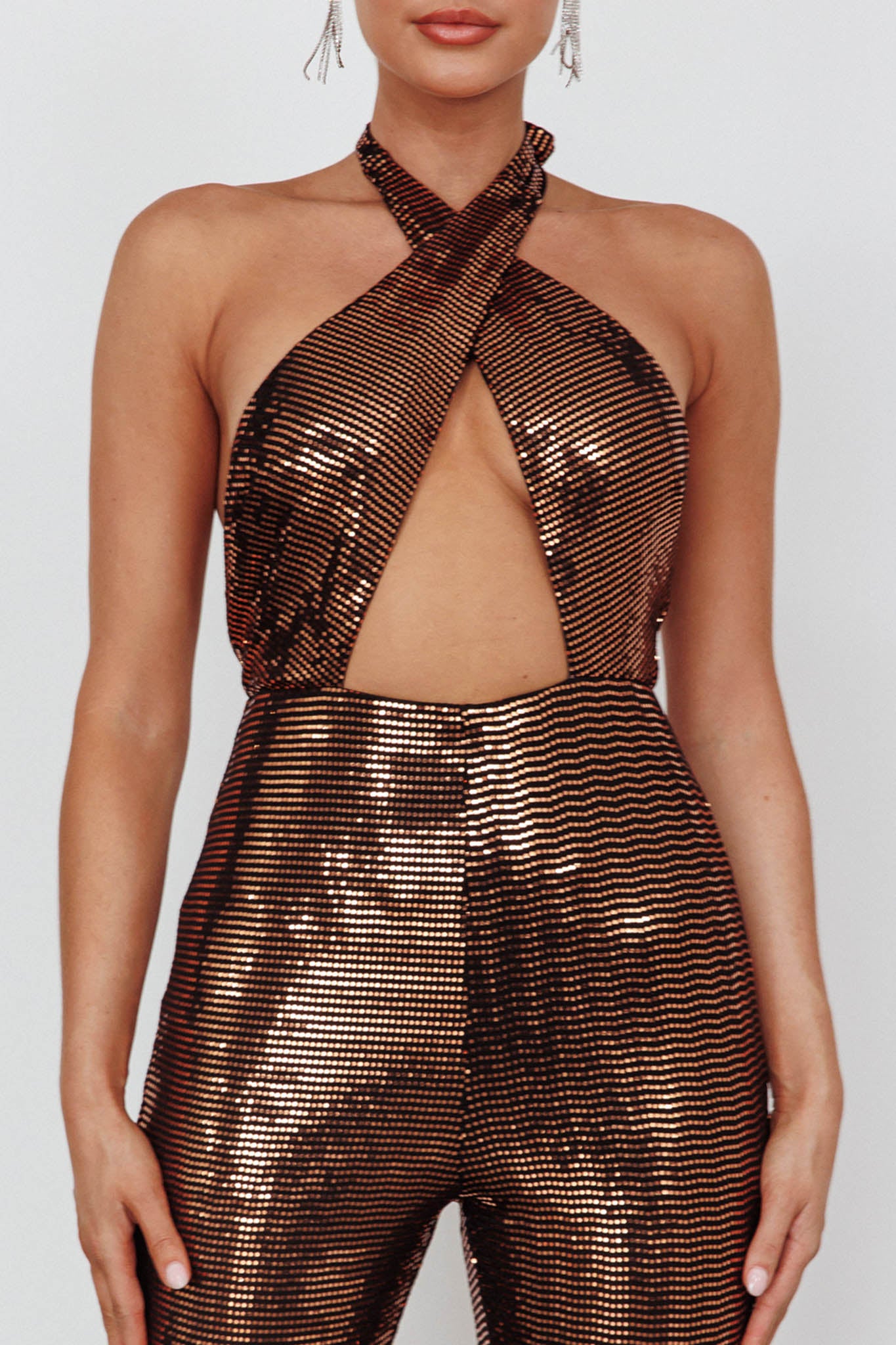 Moon In Leo Halterneck Jumpsuit Bronze by Selfie Leslie