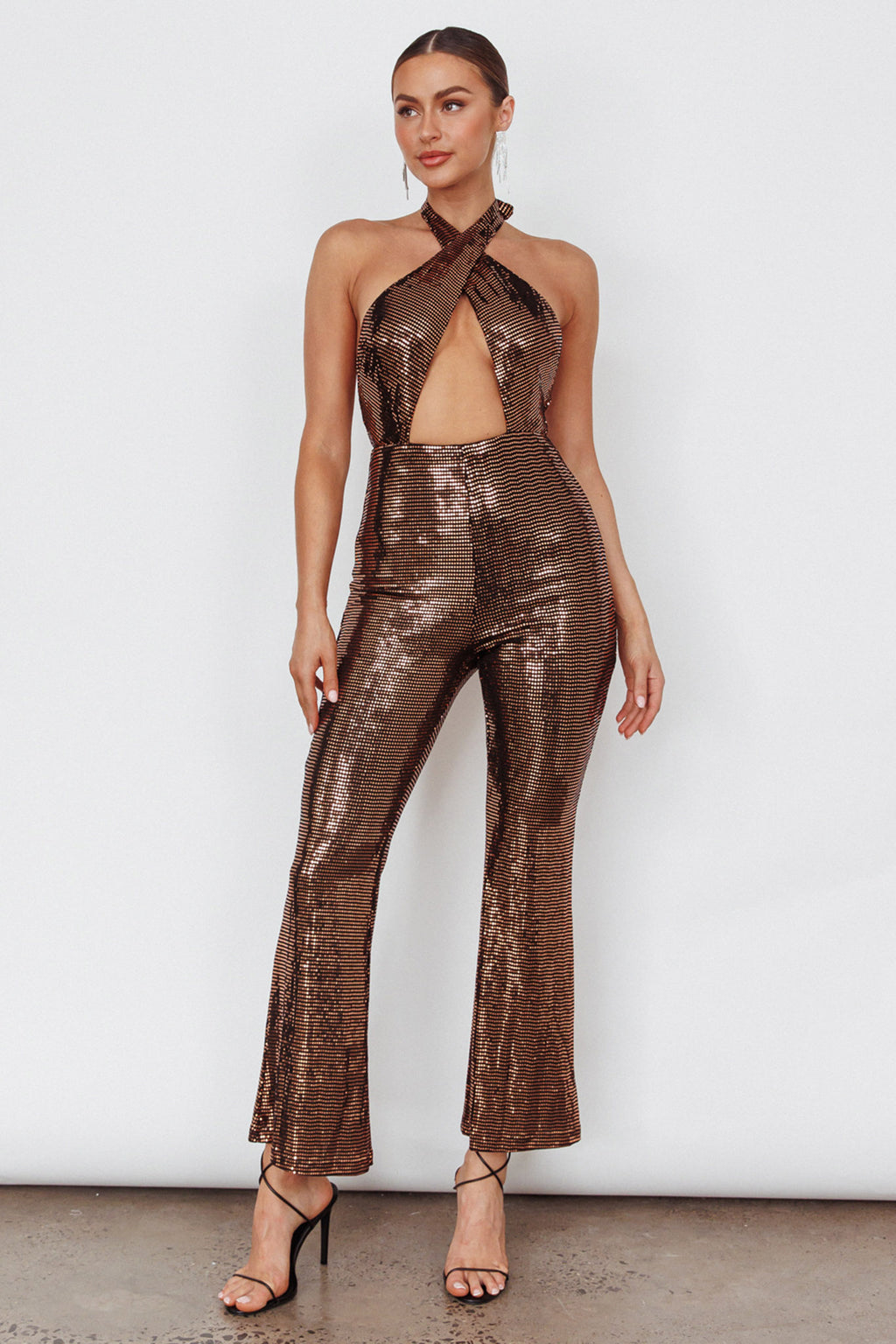 Moon In Leo Halterneck Jumpsuit Bronze by Selfie Leslie