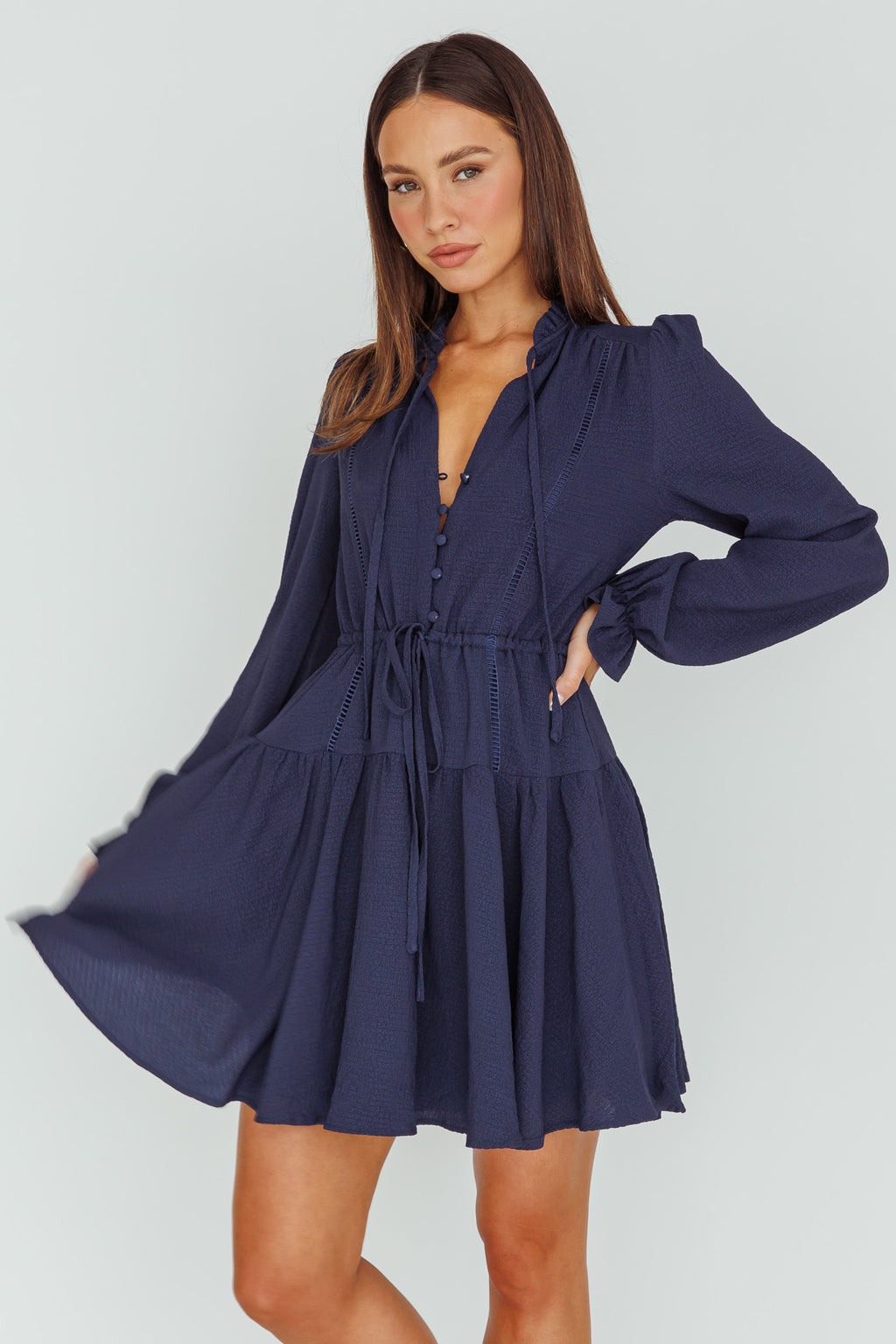 Waverly Long Sleeve Mini Dress Navy by Selfie Leslie