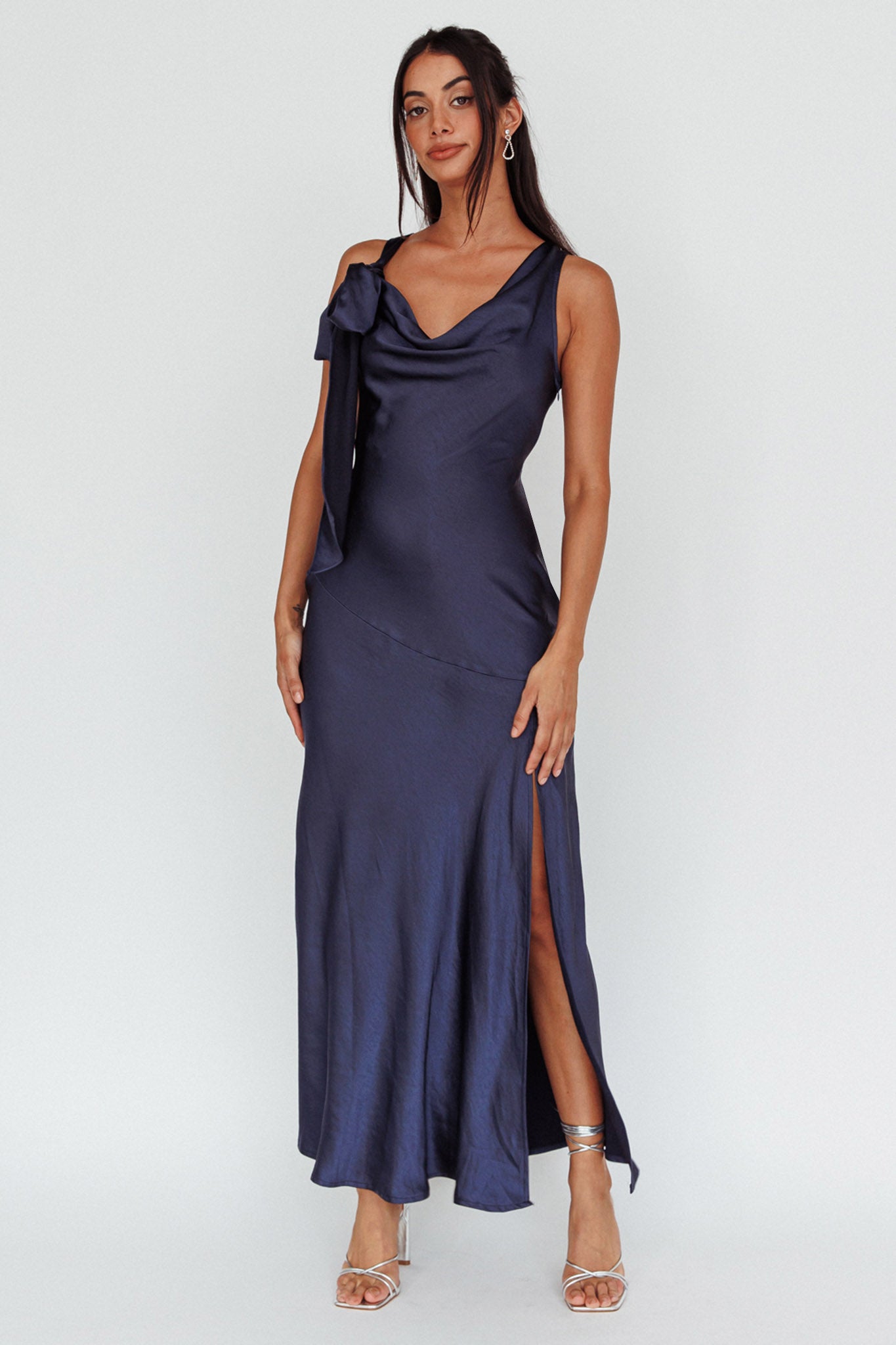 Averie Bow Shoulder Split Midi Dress Navy by Selfie Leslie