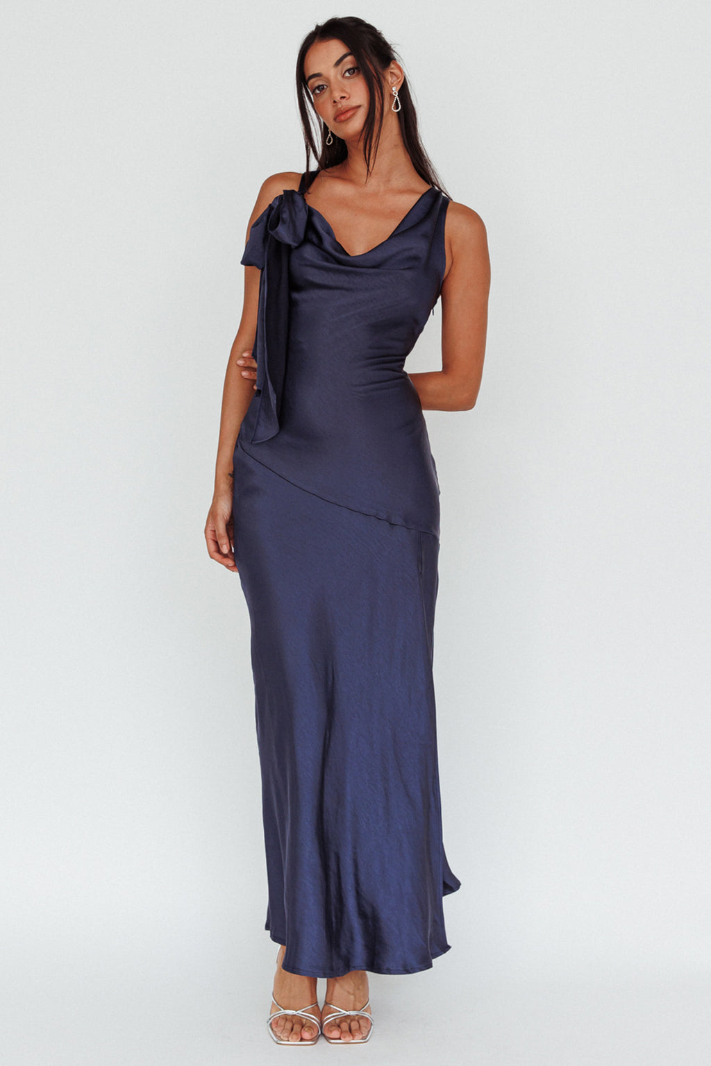 Averie Bow Shoulder Split Midi Dress Navy by Selfie Leslie