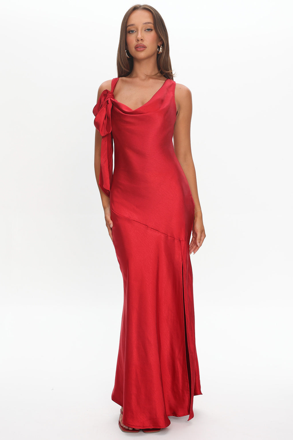 Averie Bow Shoulder Split Midi Dress Red by Selfie Leslie
