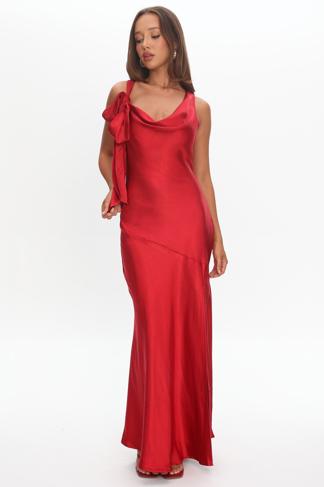 Averie Bow Shoulder Split Midi Dress Red by Selfie Leslie