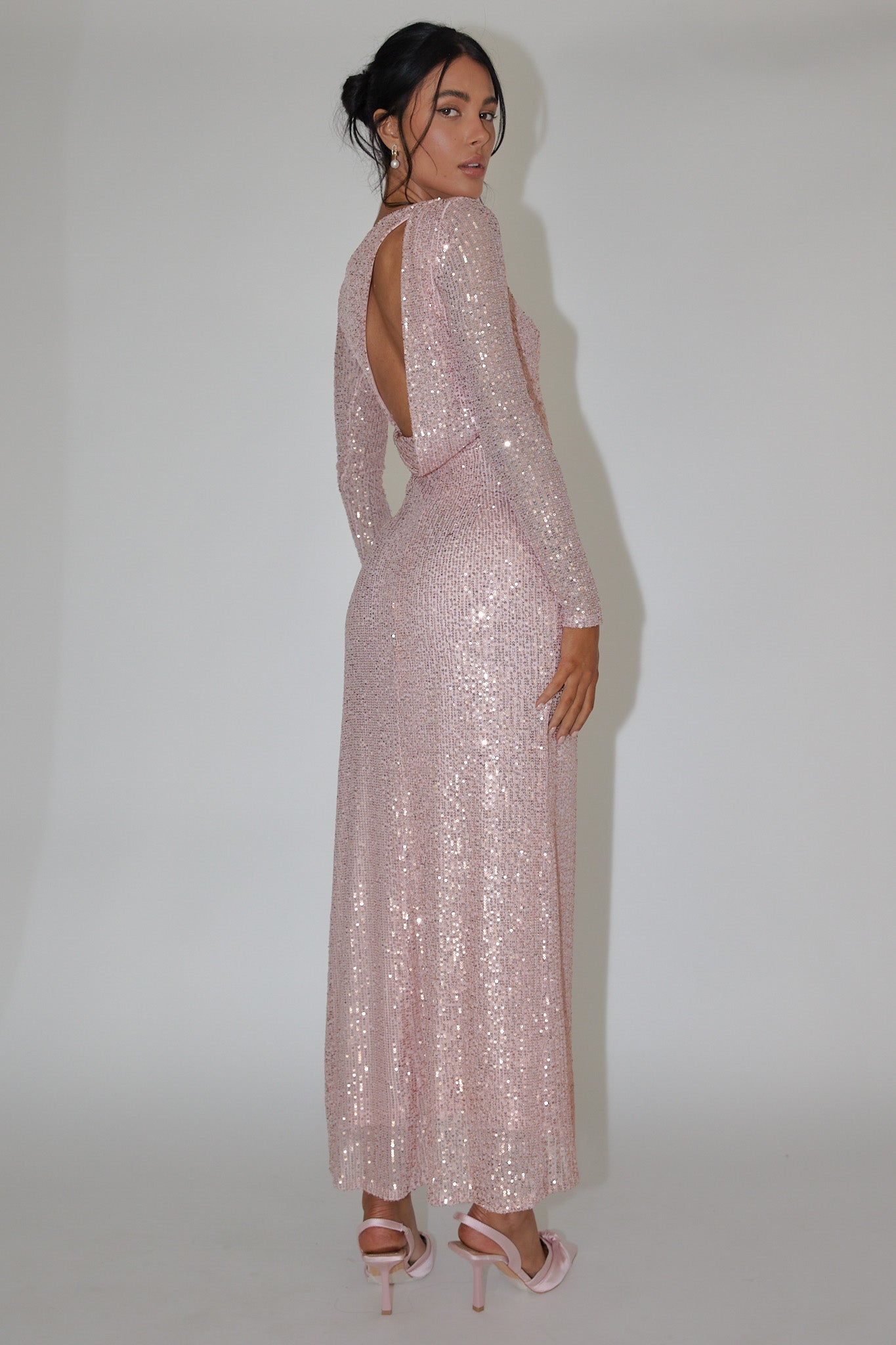 Le Monde Long Sleeve Sequin Maxi Dress Rose Gold by Selfie Leslie