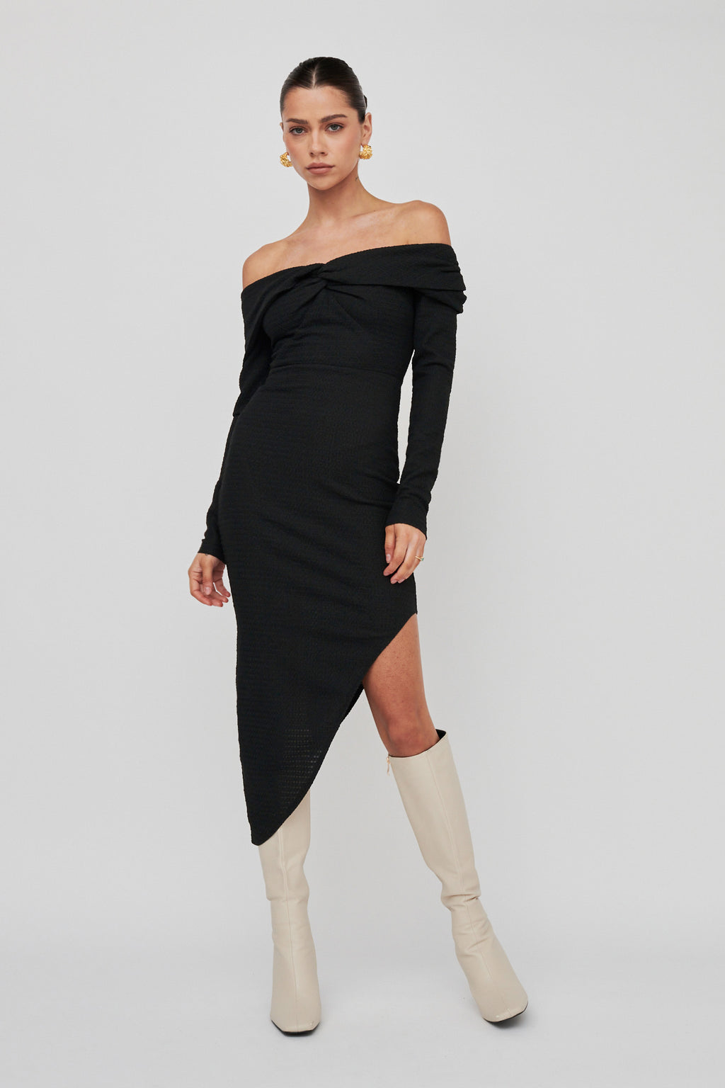 Annalora One-Shoulder Long Sleeve Midi Dress Black by Selfie Leslie