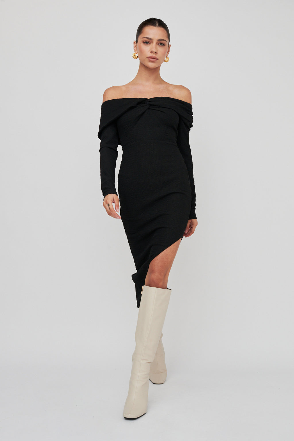Annalora One-Shoulder Long Sleeve Midi Dress Black by Selfie Leslie