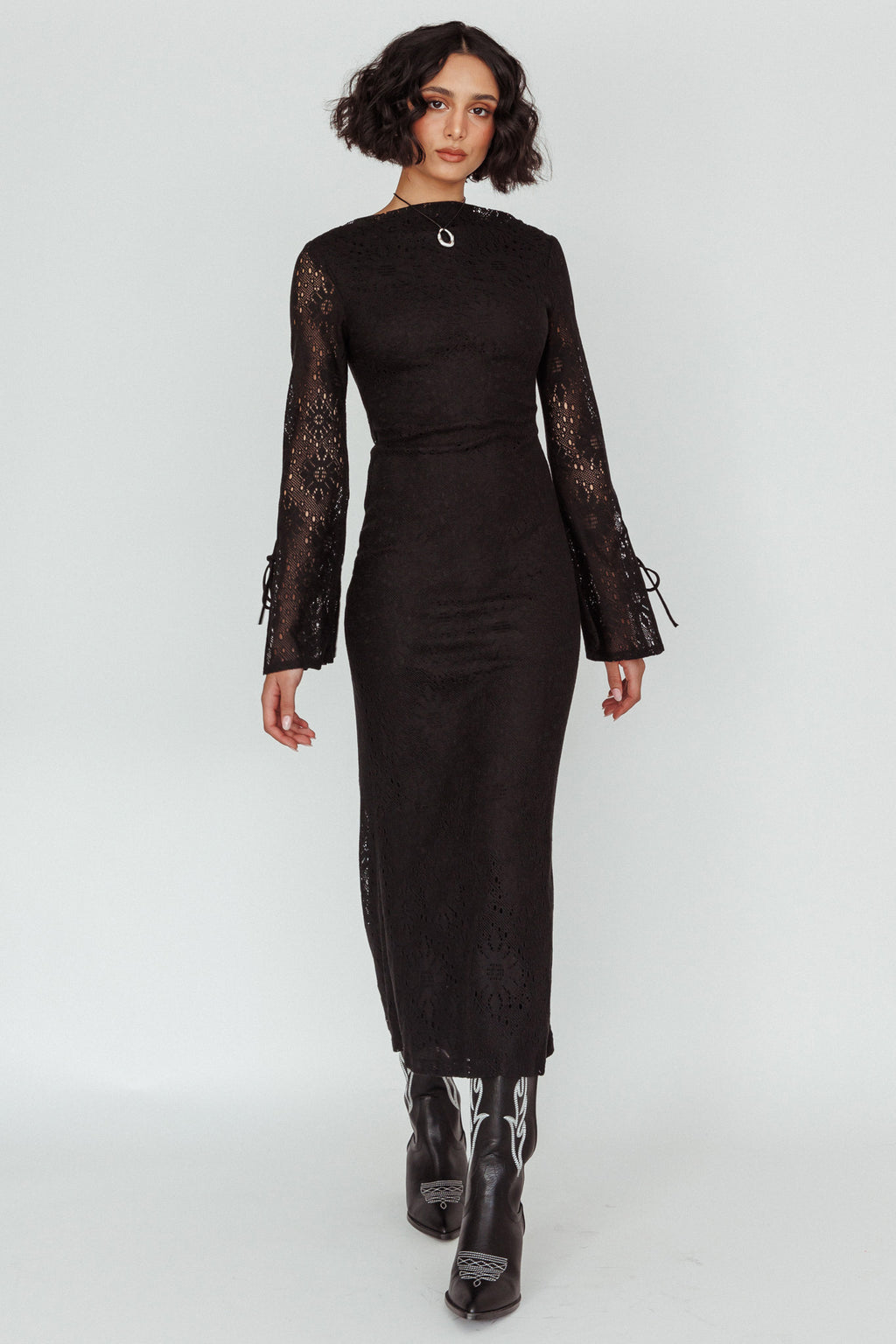 Kalia Long Sleeve Lace Midi Dress Black by Selfie Leslie