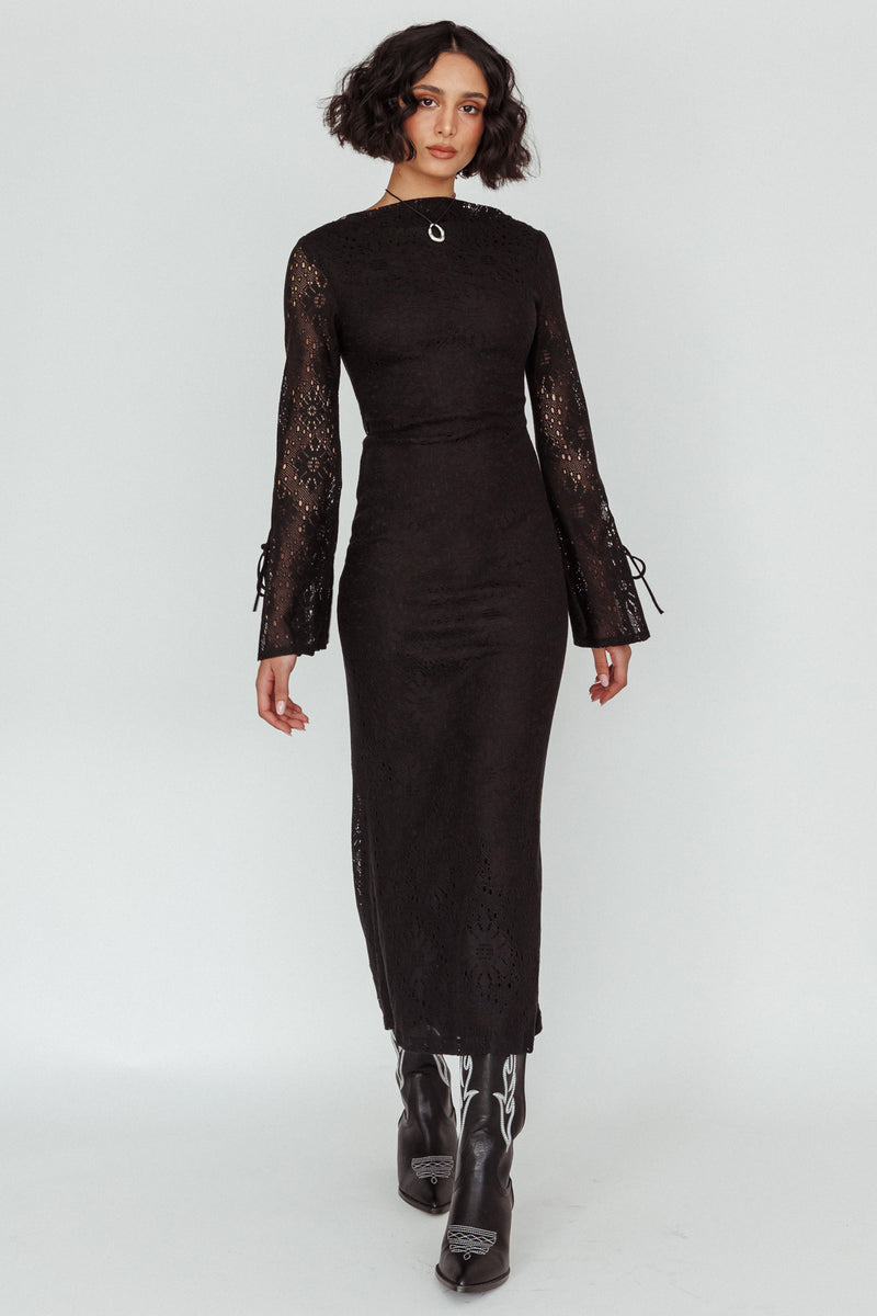 Shop the Kalia Long Sleeve Lace Midi Dress Black | Selfie Leslie