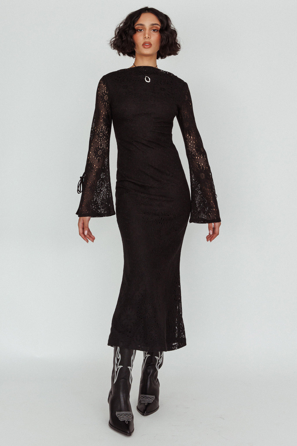 Kalia Long Sleeve Lace Midi Dress Black by Selfie Leslie