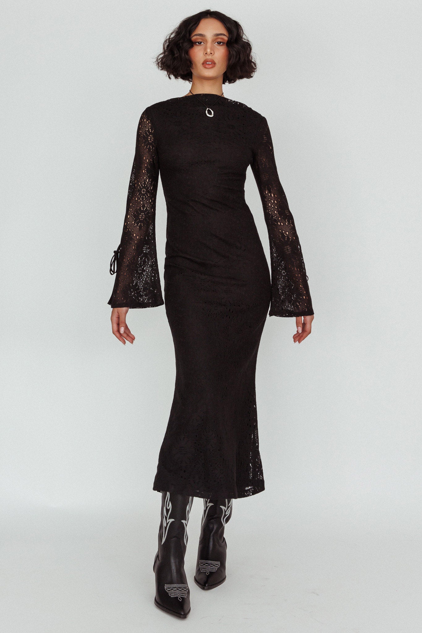 Kalia Long Sleeve Lace Midi Dress Black by Selfie Leslie