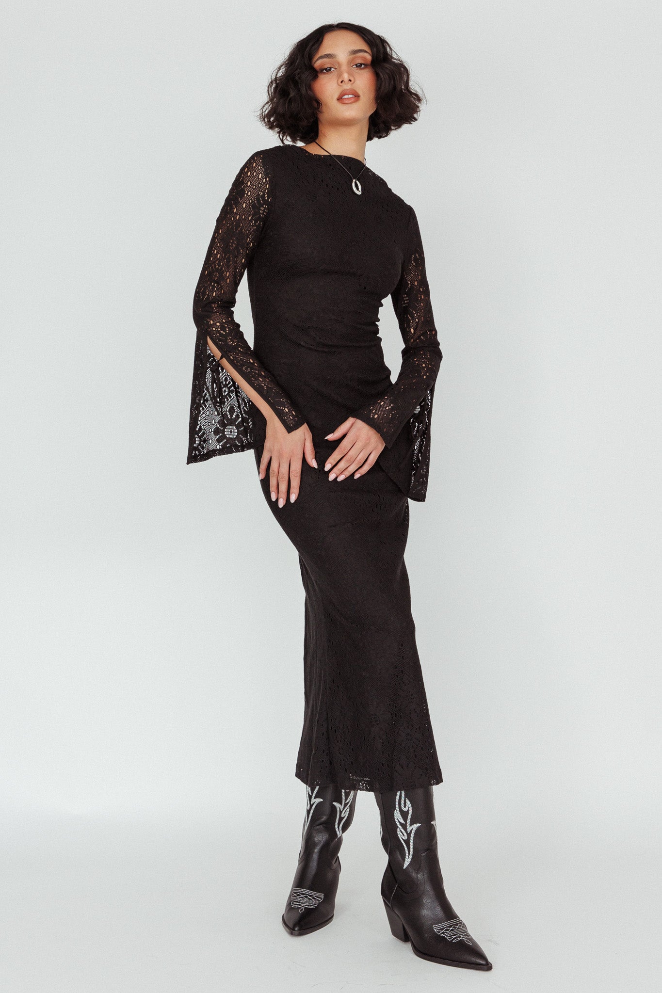Kalia Long Sleeve Lace Midi Dress Black by Selfie Leslie