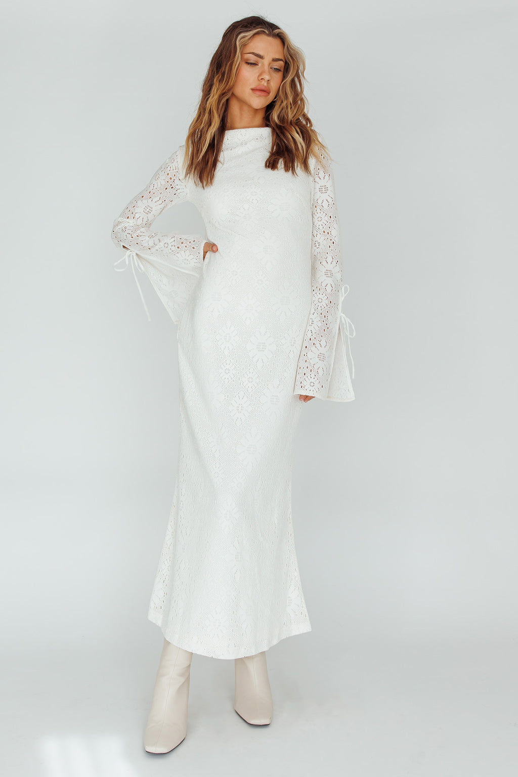 Kalia Long Sleeve Lace Midi Dress Cream by Selfie Leslie