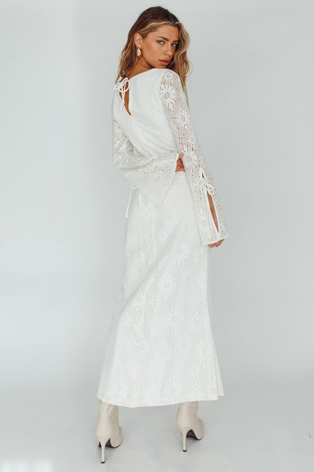 Kalia Long Sleeve Lace Midi Dress Cream by Selfie Leslie