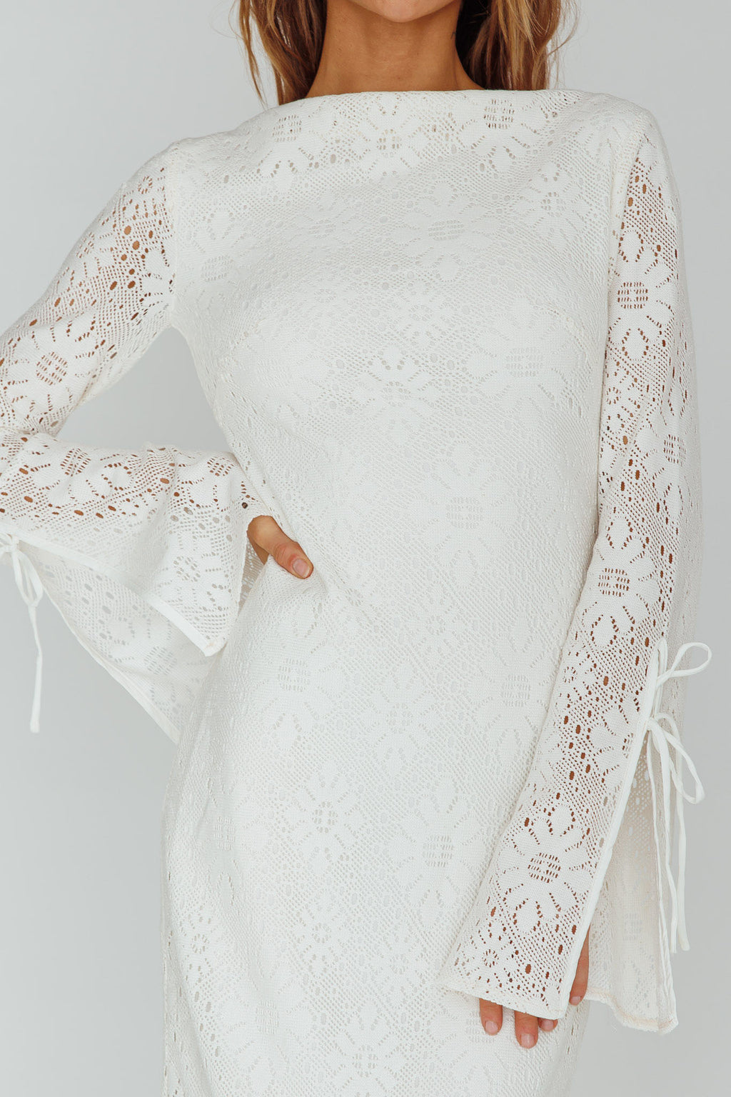 Kalia Long Sleeve Lace Midi Dress Cream by Selfie Leslie