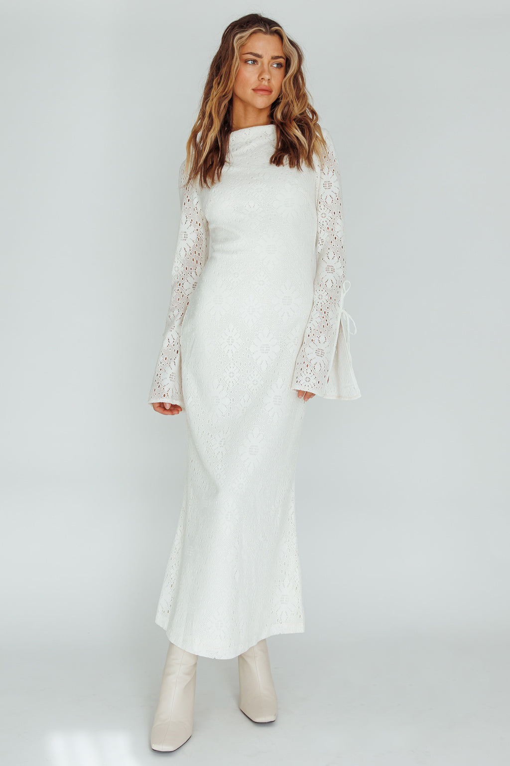 Kalia Long Sleeve Lace Midi Dress Cream by Selfie Leslie